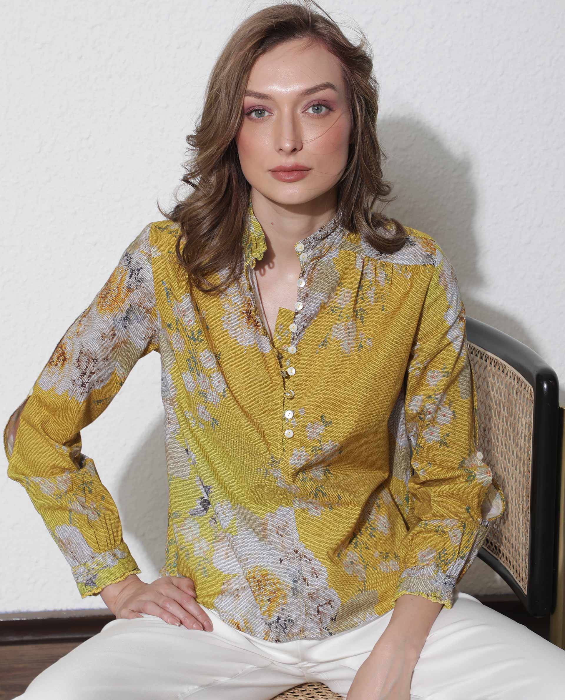 Rareism Women's Morgan Yellow Cotton High Neck Floral Print Regular Fit Top - Image 10