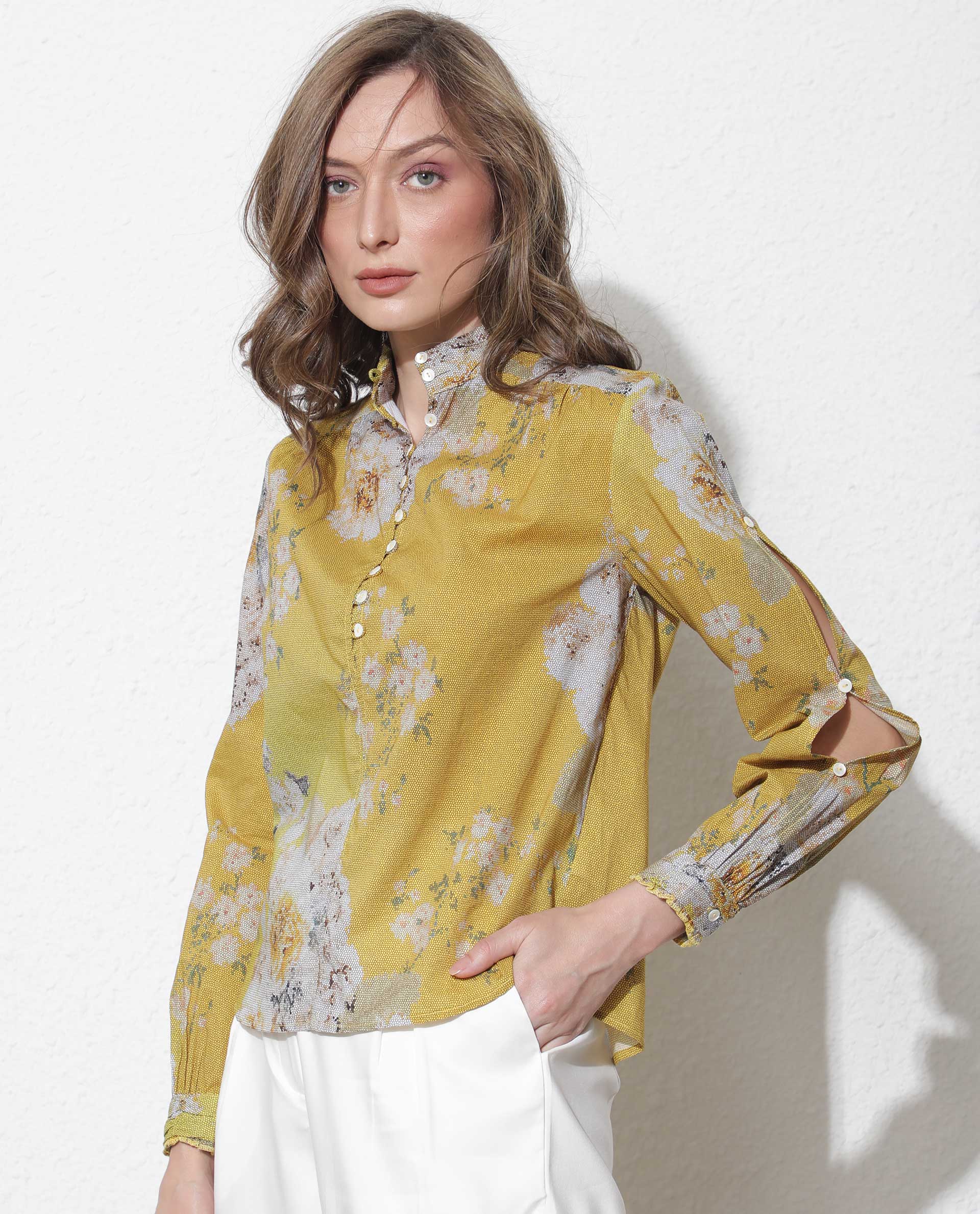 Rareism Women's Morgan Yellow Cotton High Neck Floral Print Regular Fit Top - Image 3