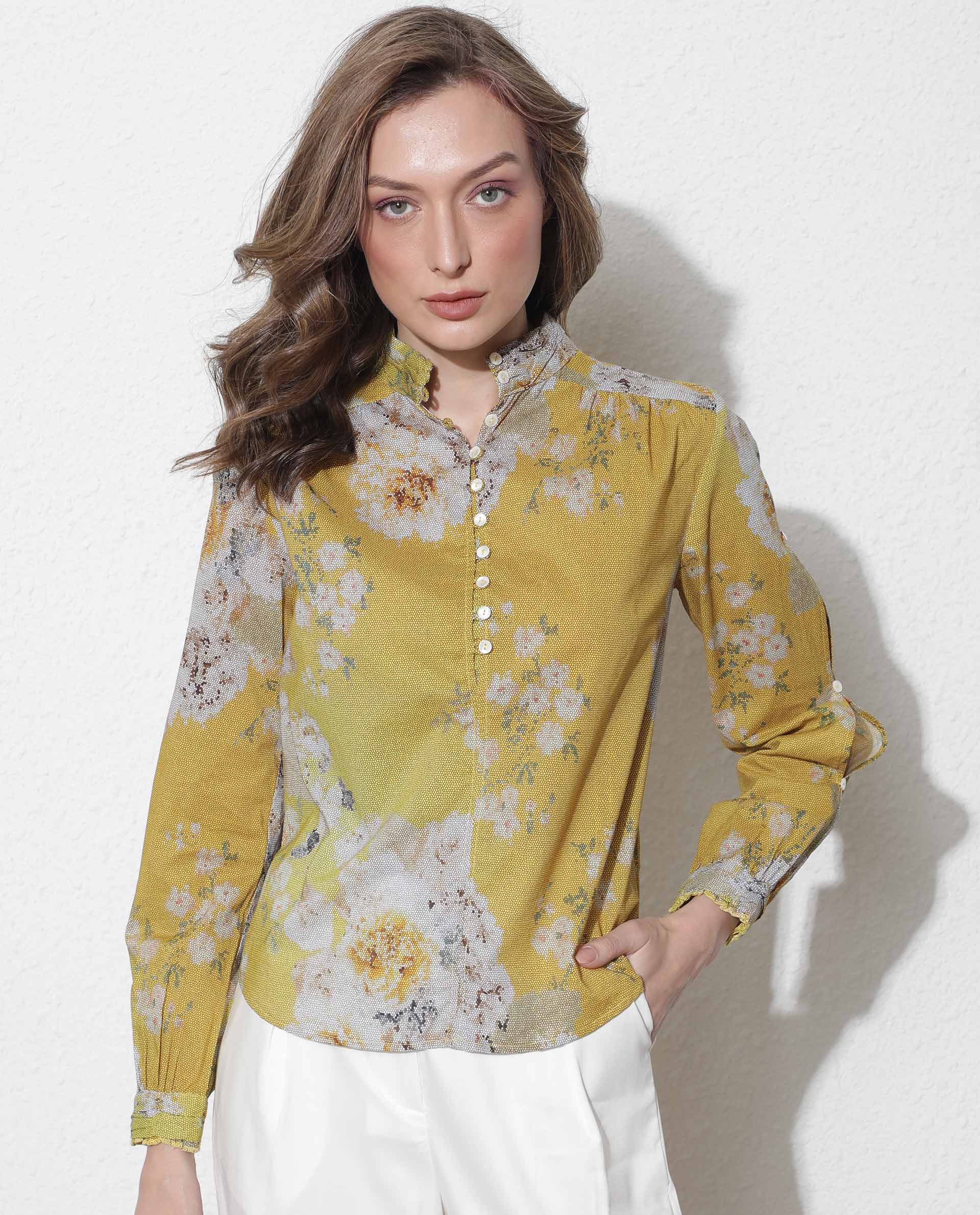 Rareism Women's Morgan Yellow Cotton High Neck Floral Print Regular Fit Top - Image 4