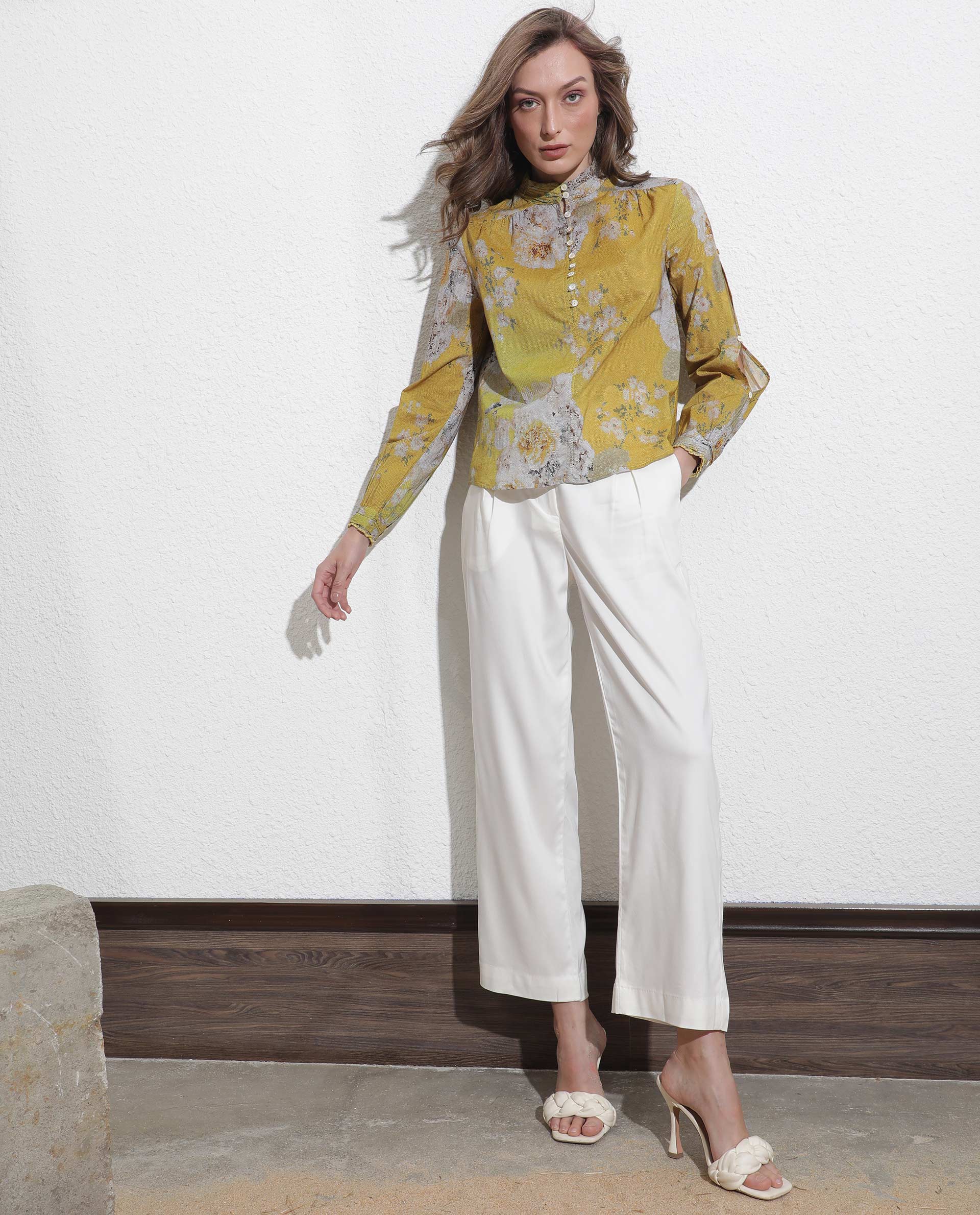 Rareism Women's Morgan Yellow Cotton High Neck Floral Print Regular Fit Top - Image 5
