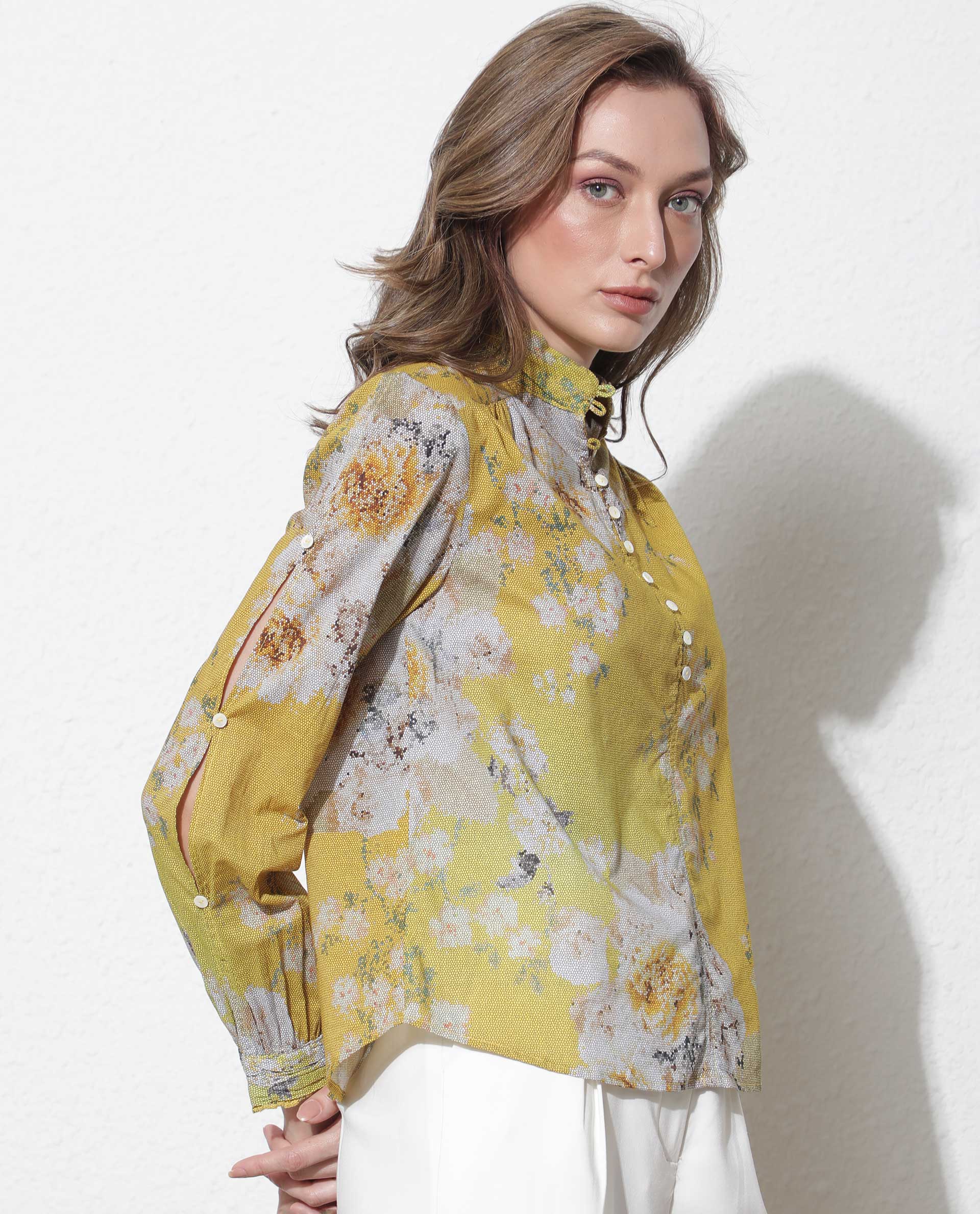 Rareism Women's Morgan Yellow Cotton High Neck Floral Print Regular Fit Top - Image 6