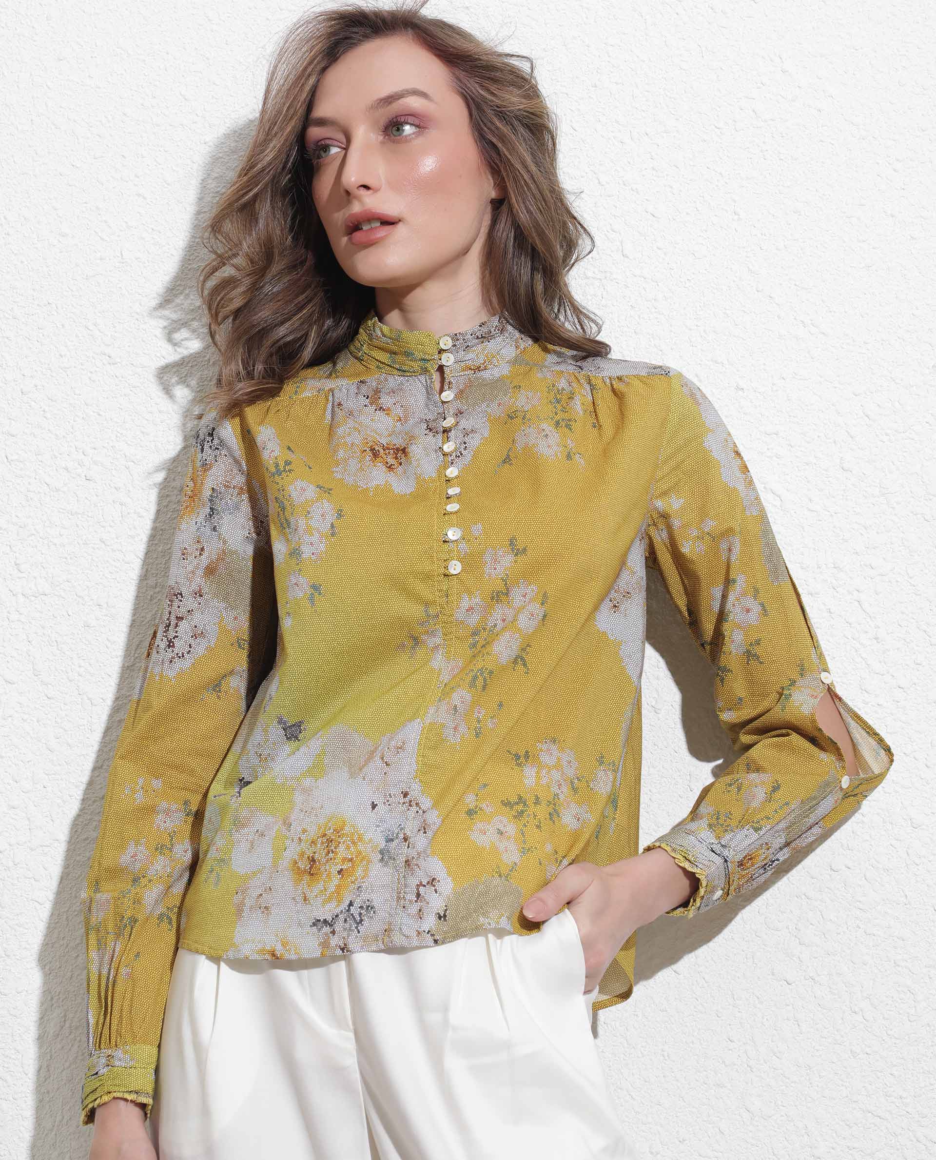 Rareism Women's Morgan Yellow Cotton High Neck Floral Print Regular Fit Top - Image 7