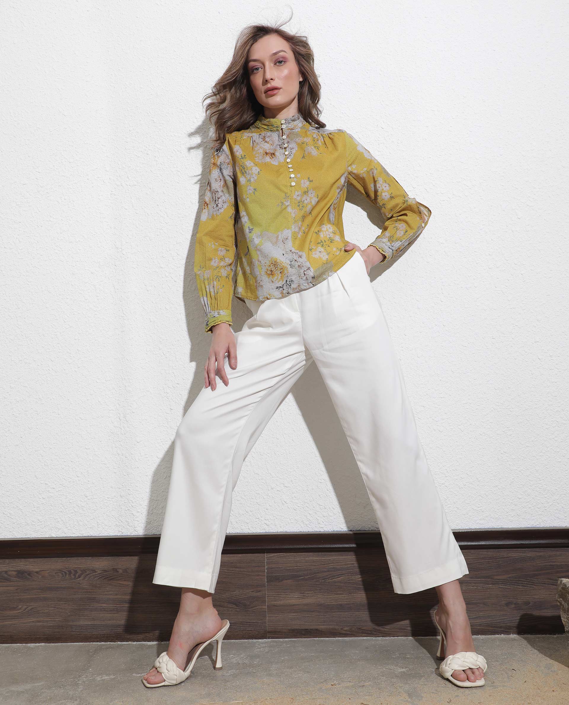 Rareism Women's Morgan Yellow Cotton High Neck Floral Print Regular Fit Top - Image 9