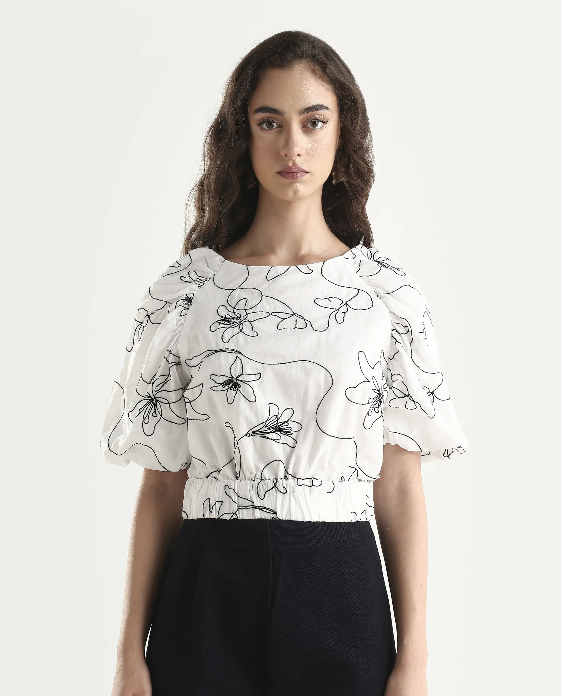 Rareism Women's Morganic White Cotton Crew Neck Embroidered Balloon Sleeve Crop Regular Fit Top - Image 3