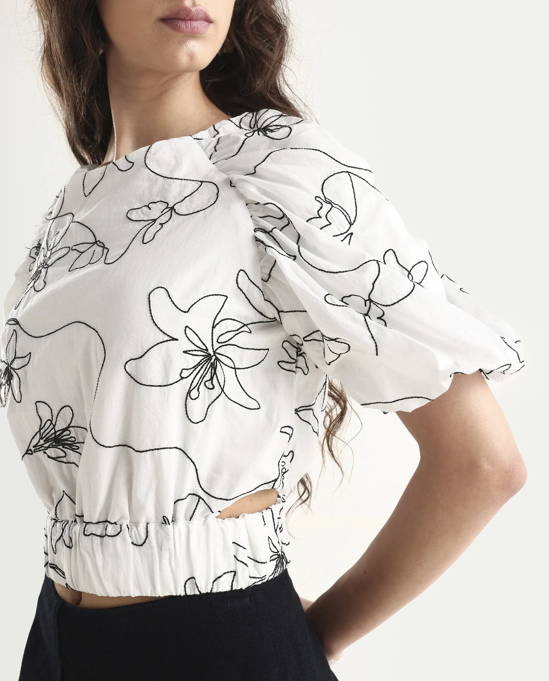 Rareism Women's Morganic White Cotton Crew Neck Embroidered Balloon Sleeve Crop Regular Fit Top - Image 4