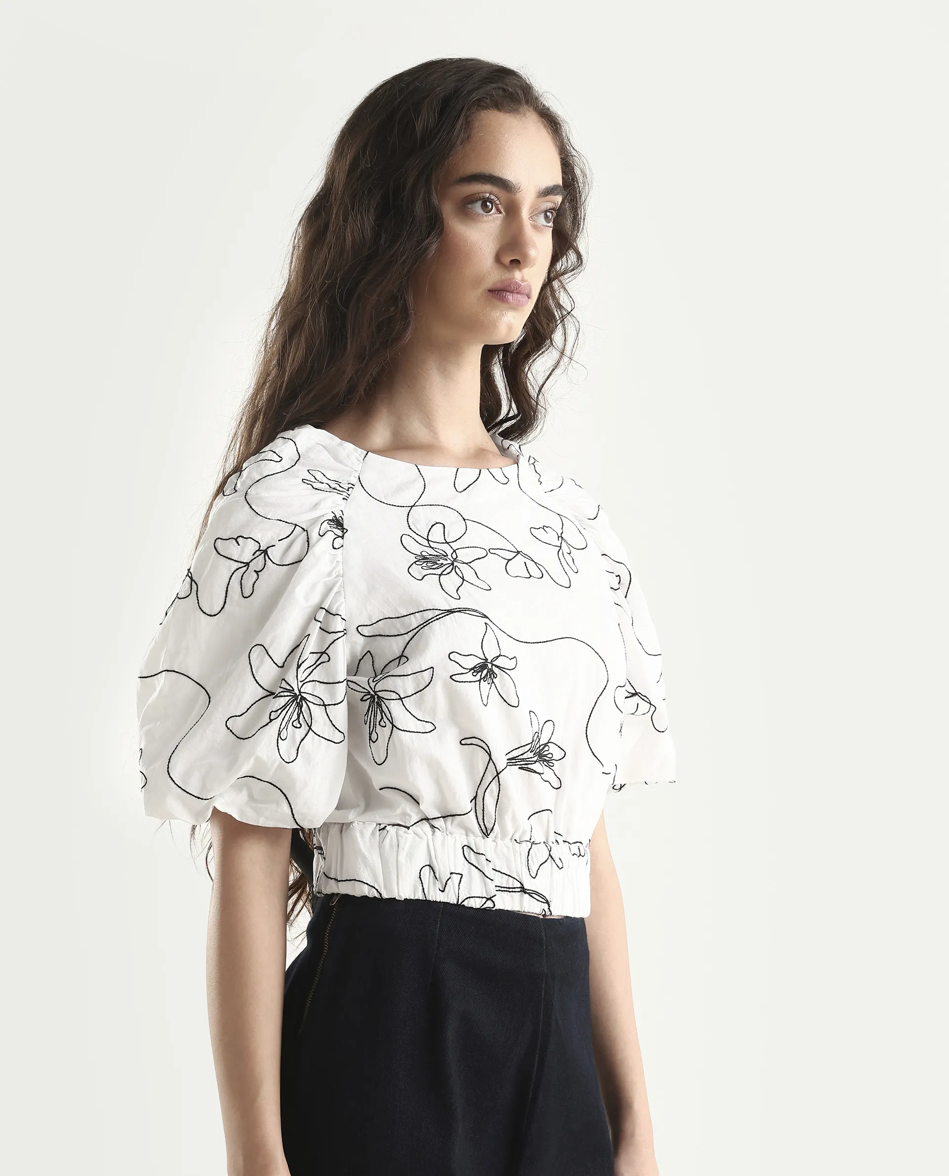 Rareism Women's Morganic White Cotton Crew Neck Embroidered Balloon Sleeve Crop Regular Fit Top - Image 6
