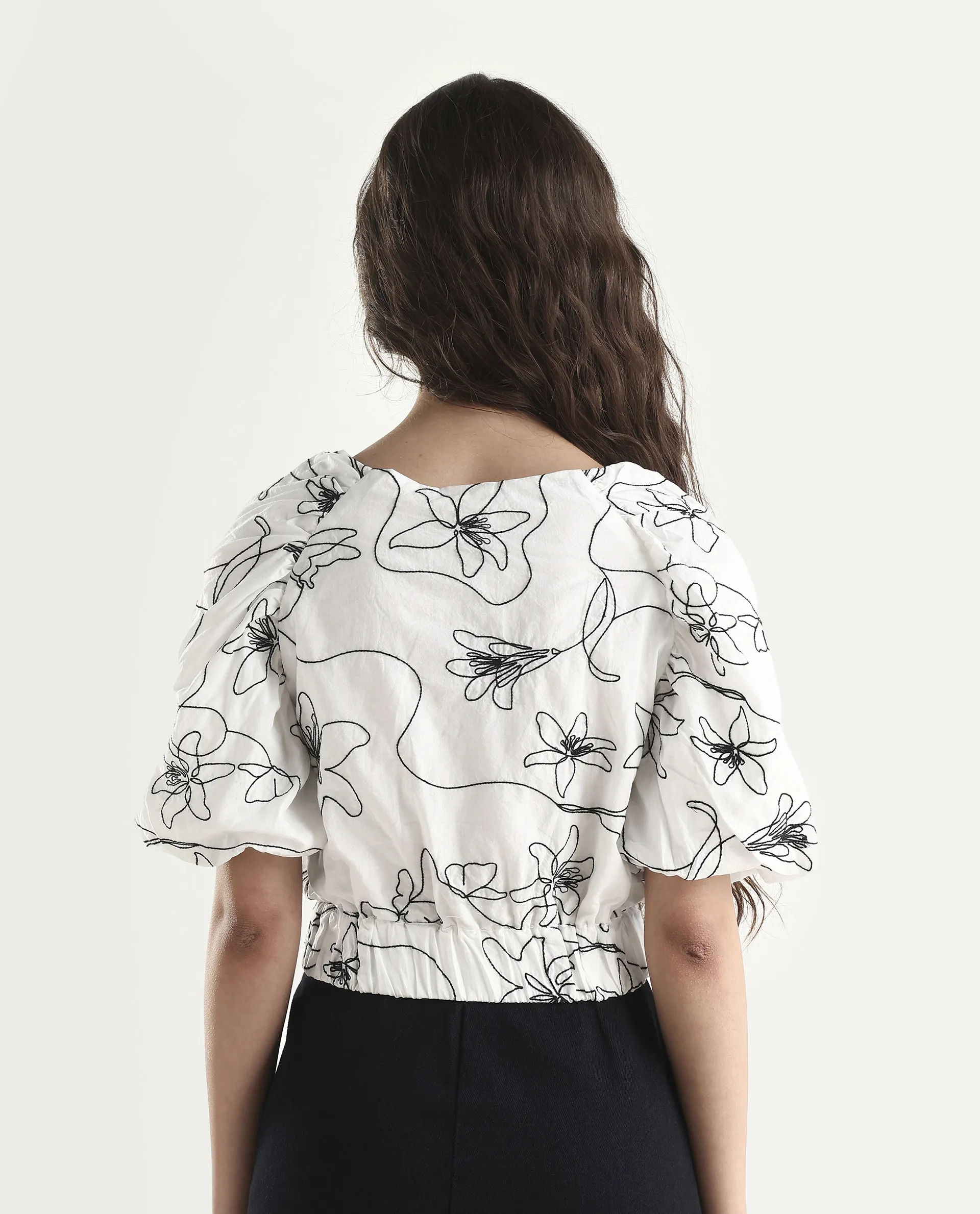 Rareism Women's Morganic White Cotton Crew Neck Embroidered Balloon Sleeve Crop Regular Fit Top - Image 7