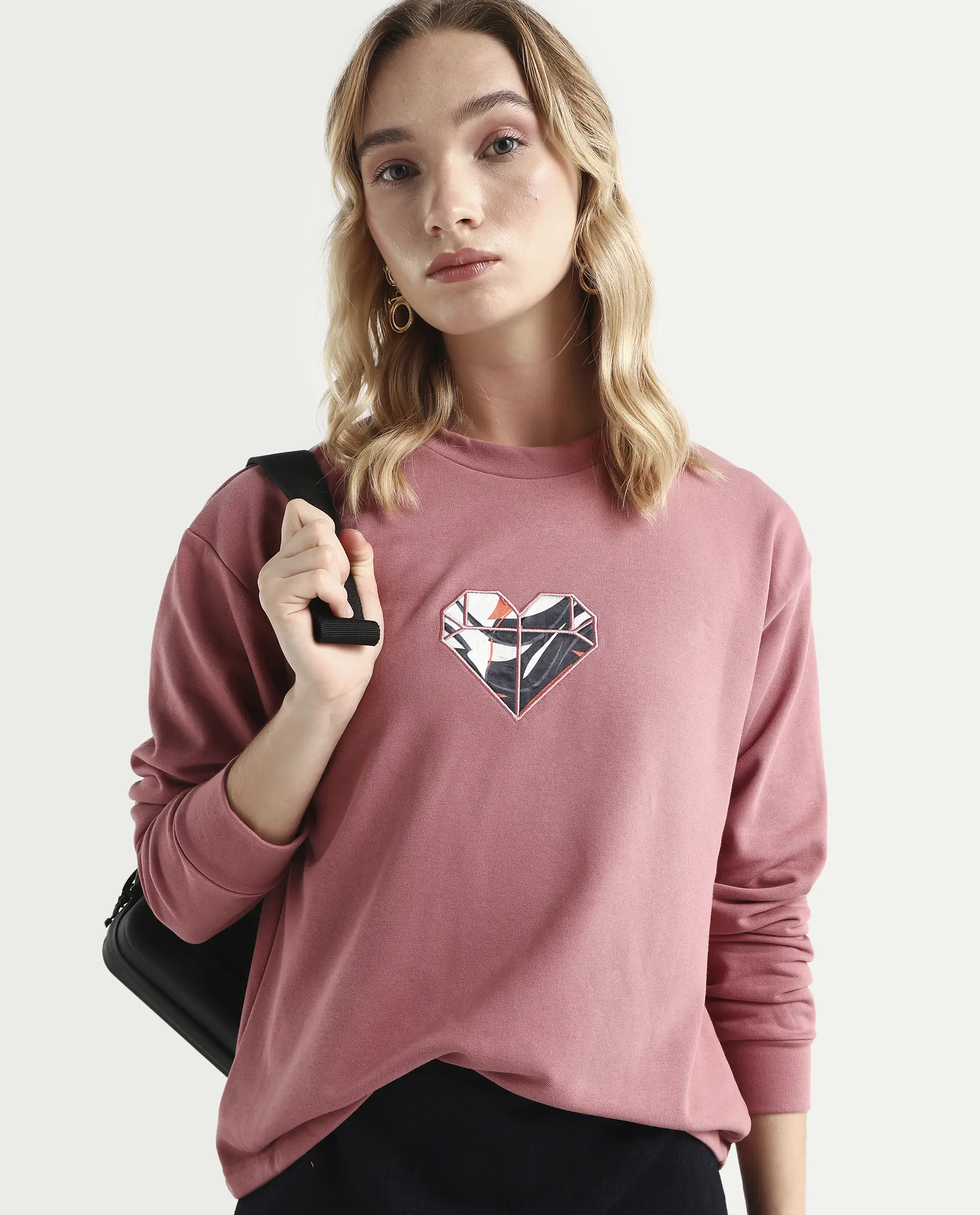 Rareism Women's Morin Dusky Pink Polyester Blend Crew Neck Graphic Print Cuffed Sleeve Regular Fit Sweatshirt