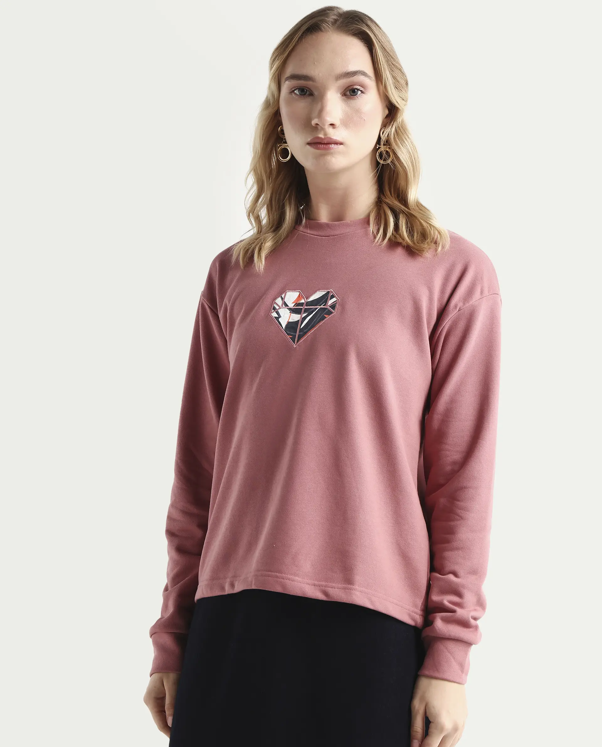 Rareism Women's Morin Dusky Pink Polyester Blend Crew Neck Graphic Print Cuffed Sleeve Regular Fit Sweatshirt - Image 5