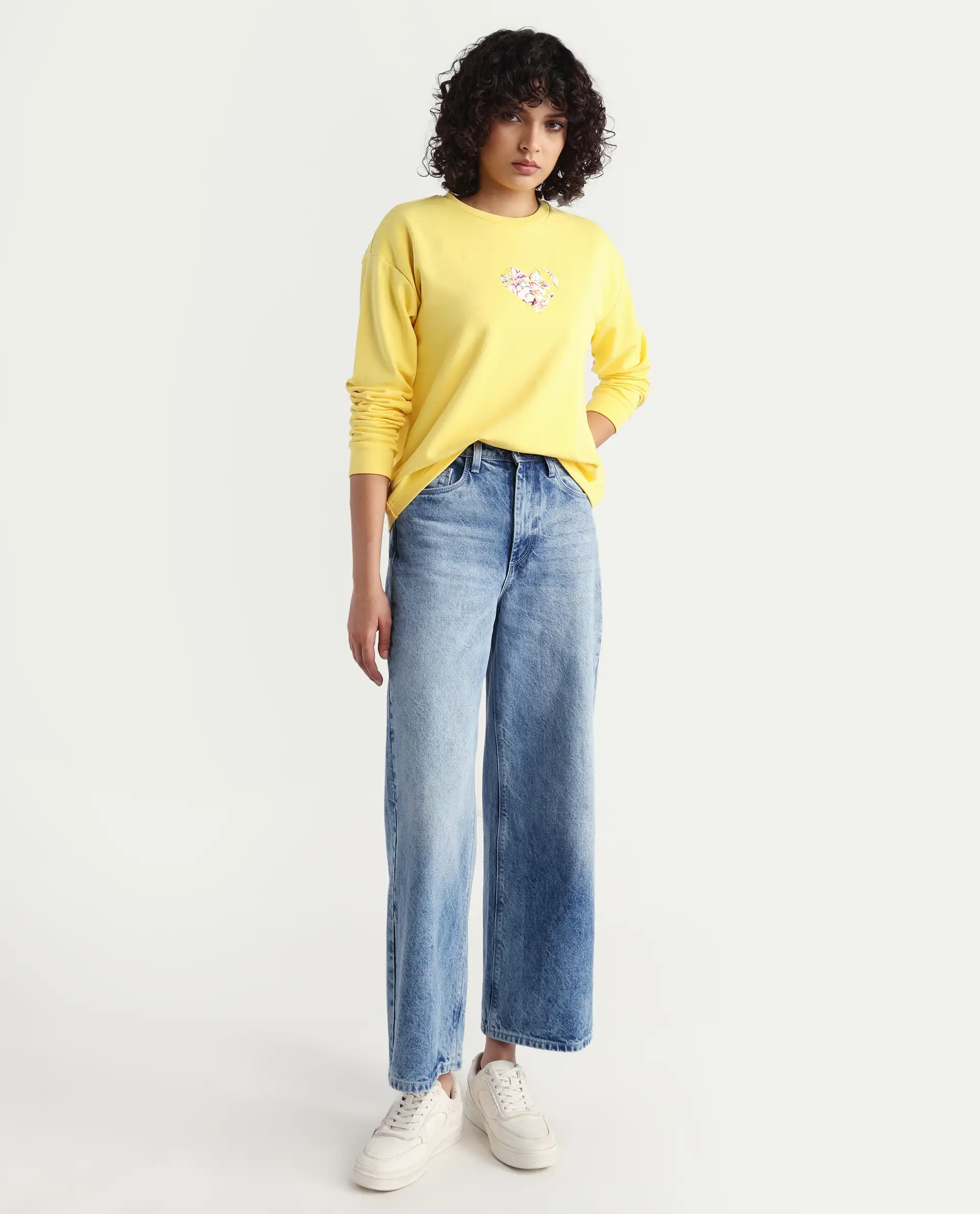 Rareism Women's Morin Yellow Polyester Blend Crew Neck Graphic Print Cuffed Sleeve Regular Fit Sweatshirt - Image 2