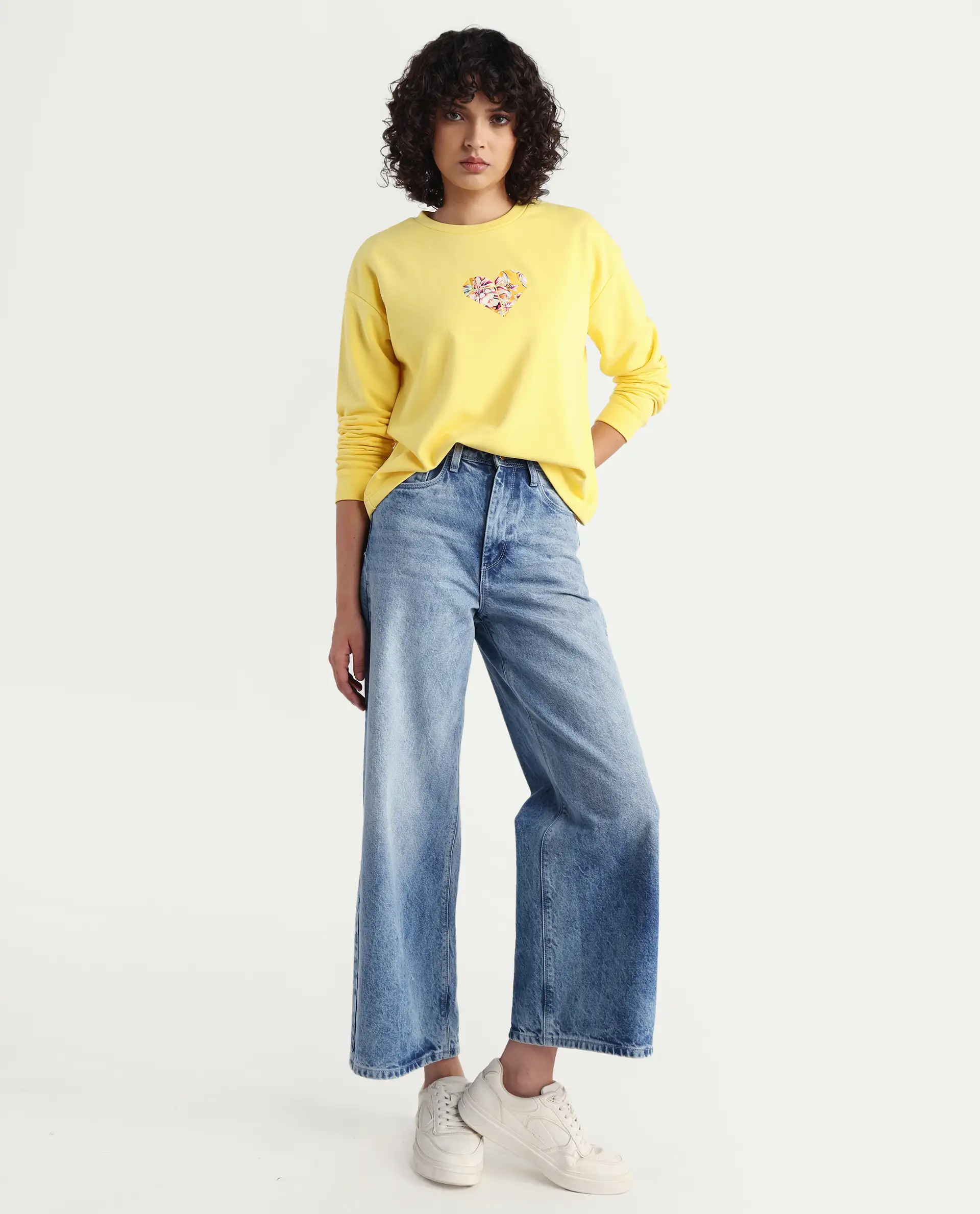 Rareism Women's Morin Yellow Polyester Blend Crew Neck Graphic Print Cuffed Sleeve Regular Fit Sweatshirt - Image 3