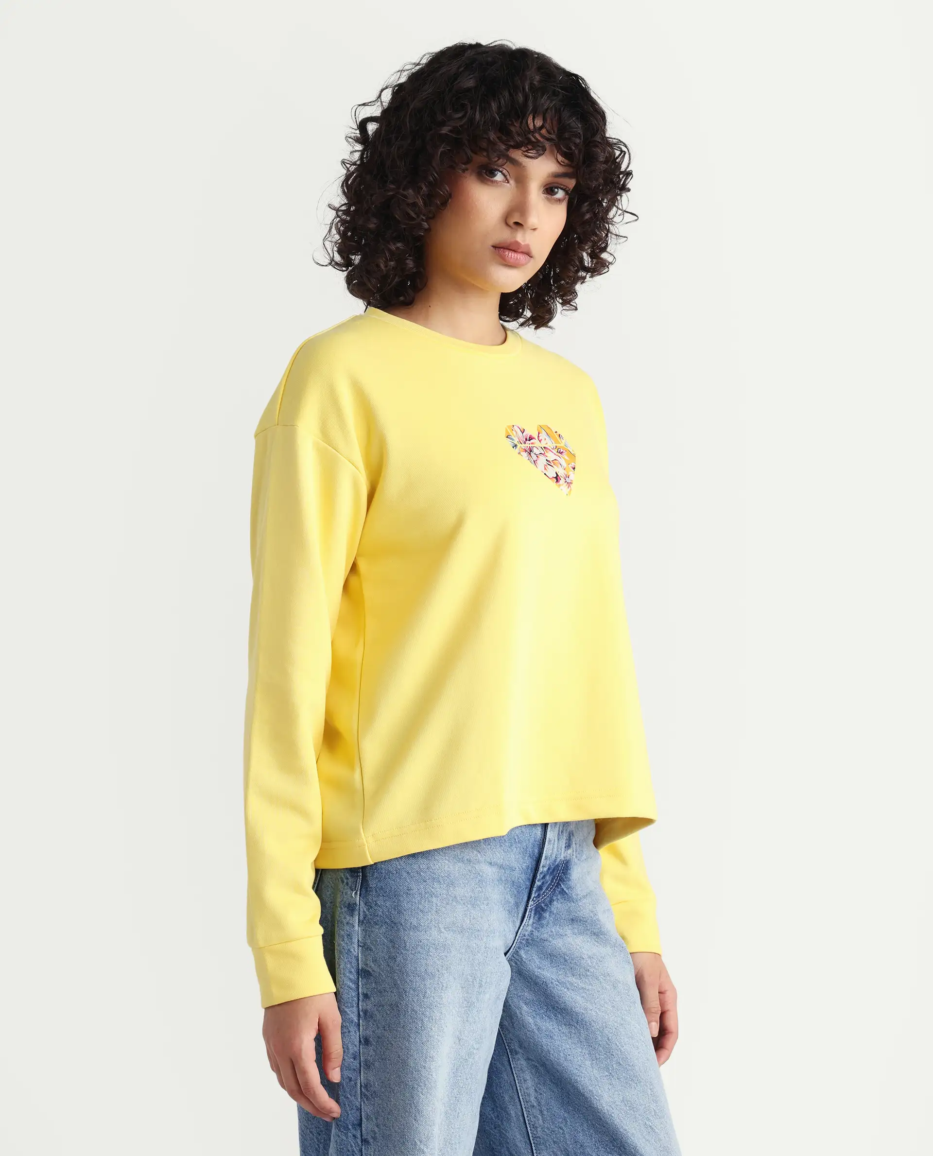 Rareism Women's Morin Yellow Polyester Blend Crew Neck Graphic Print Cuffed Sleeve Regular Fit Sweatshirt - Image 5