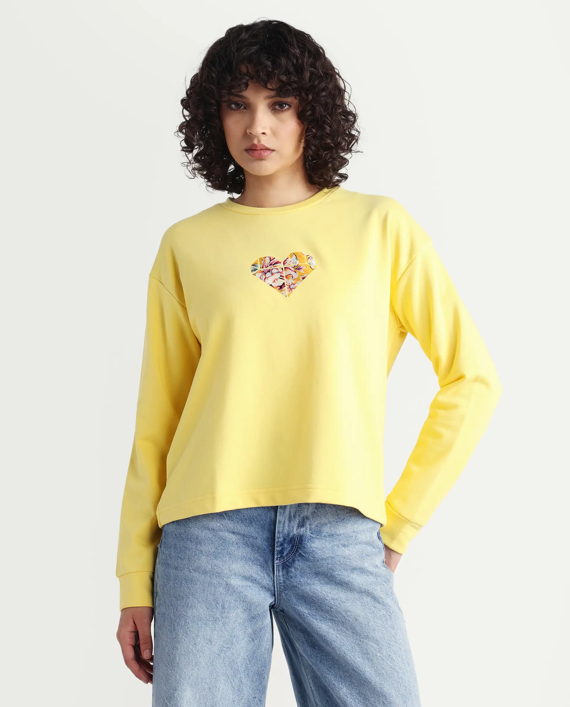 Rareism Women's Morin Yellow Polyester Blend Crew Neck Graphic Print Cuffed Sleeve Regular Fit Sweatshirt - Image 6