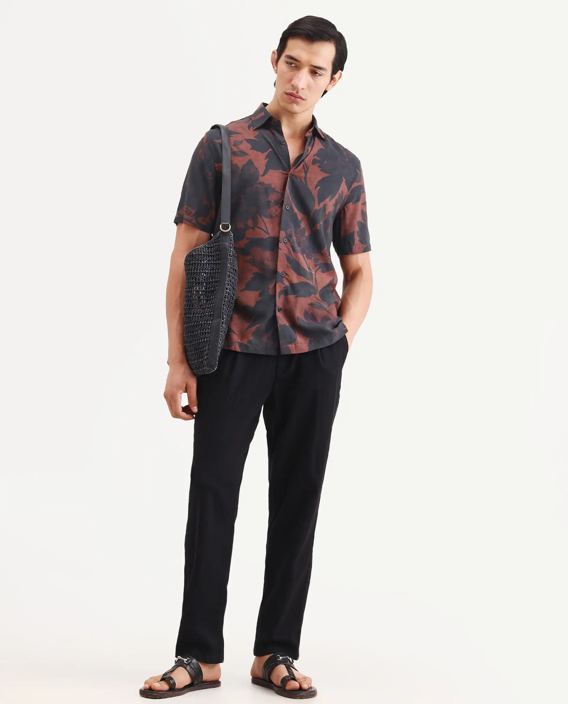 Rare Rabbit Men's Mork Dusky Brown Viscose Fabric Half Sleeve Spread Collar Regular Fit Tropical Print Shirt - Image 2
