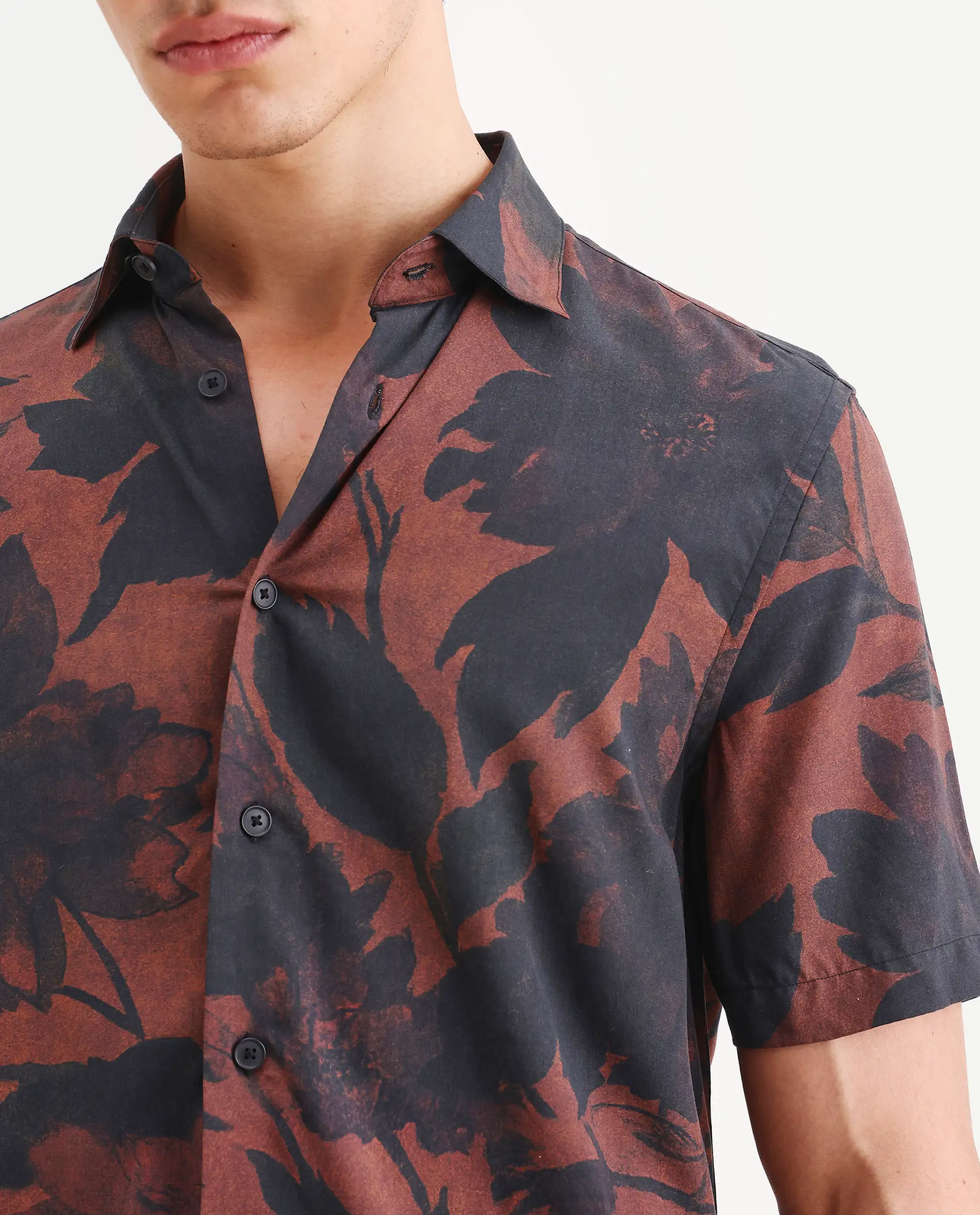 Rare Rabbit Men's Mork Dusky Brown Viscose Fabric Half Sleeve Spread Collar Regular Fit Tropical Print Shirt - Image 3