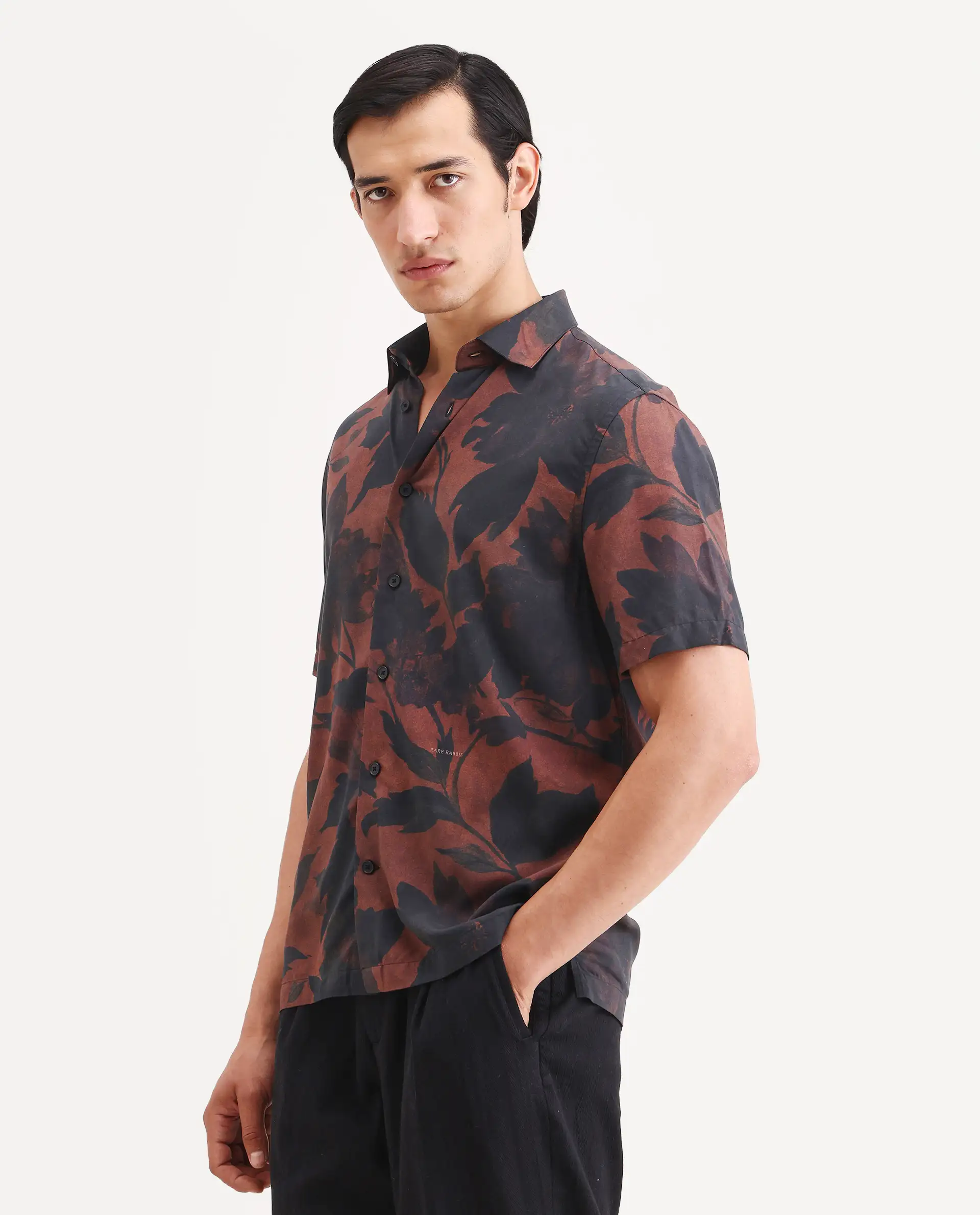 Rare Rabbit Men's Mork Dusky Brown Viscose Fabric Half Sleeve Spread Collar Regular Fit Tropical Print Shirt - Image 4