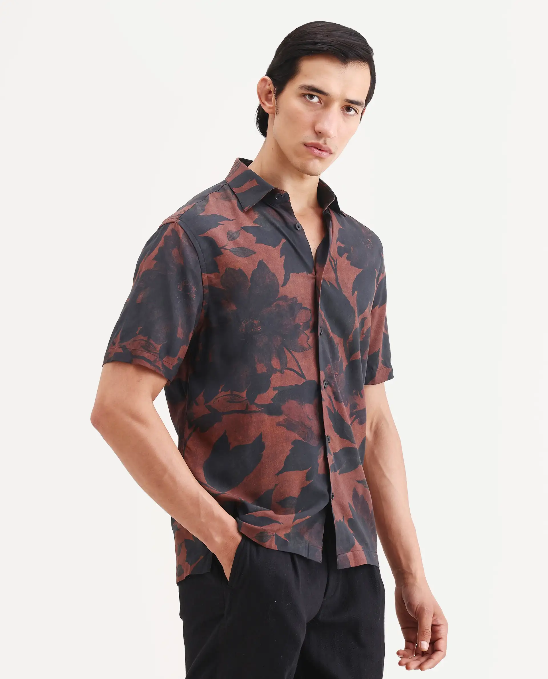 Rare Rabbit Men's Mork Dusky Brown Viscose Fabric Half Sleeve Spread Collar Regular Fit Tropical Print Shirt - Image 5
