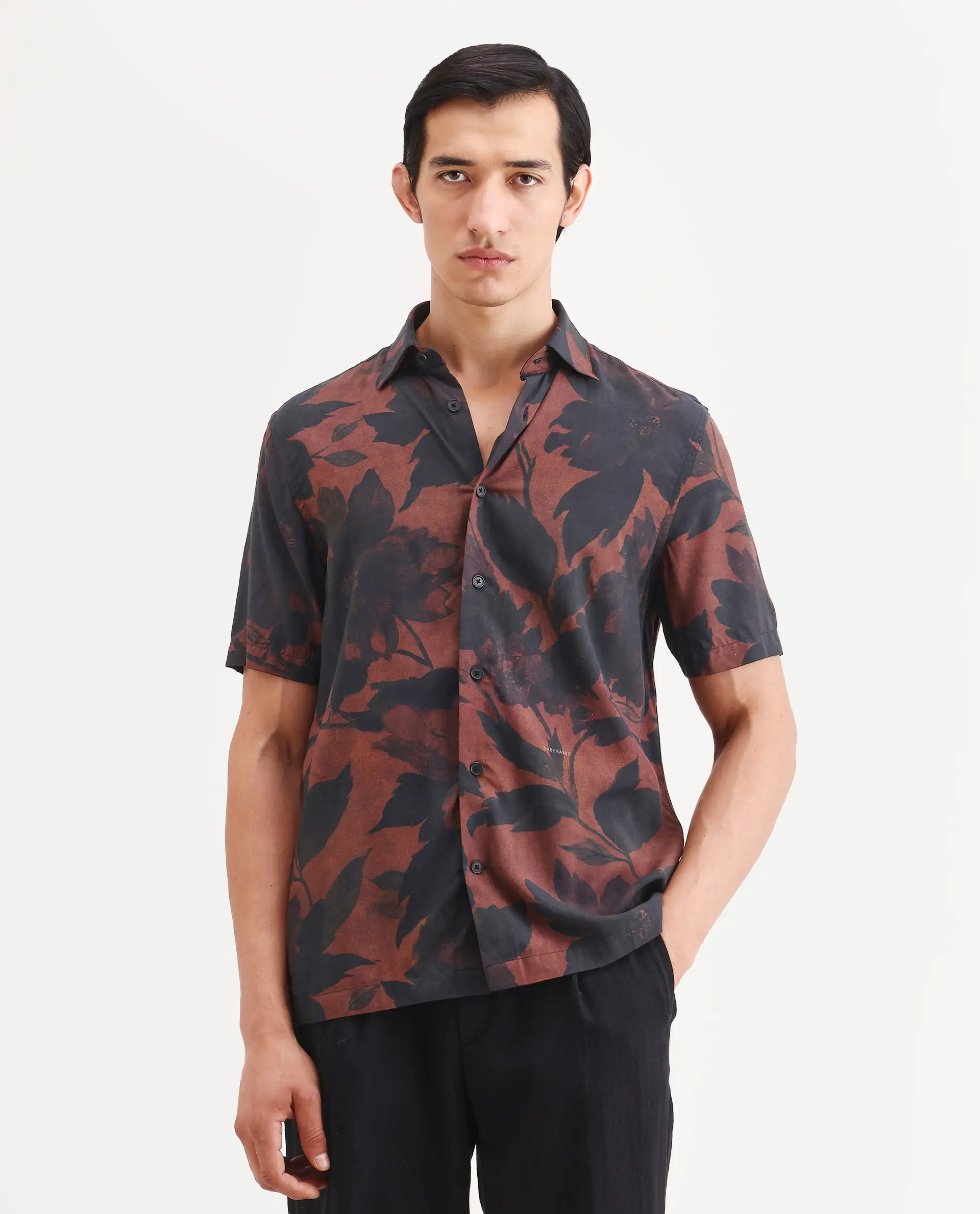Rare Rabbit Men's Mork Dusky Brown Viscose Fabric Half Sleeve Spread Collar Regular Fit Tropical Print Shirt - Image 6