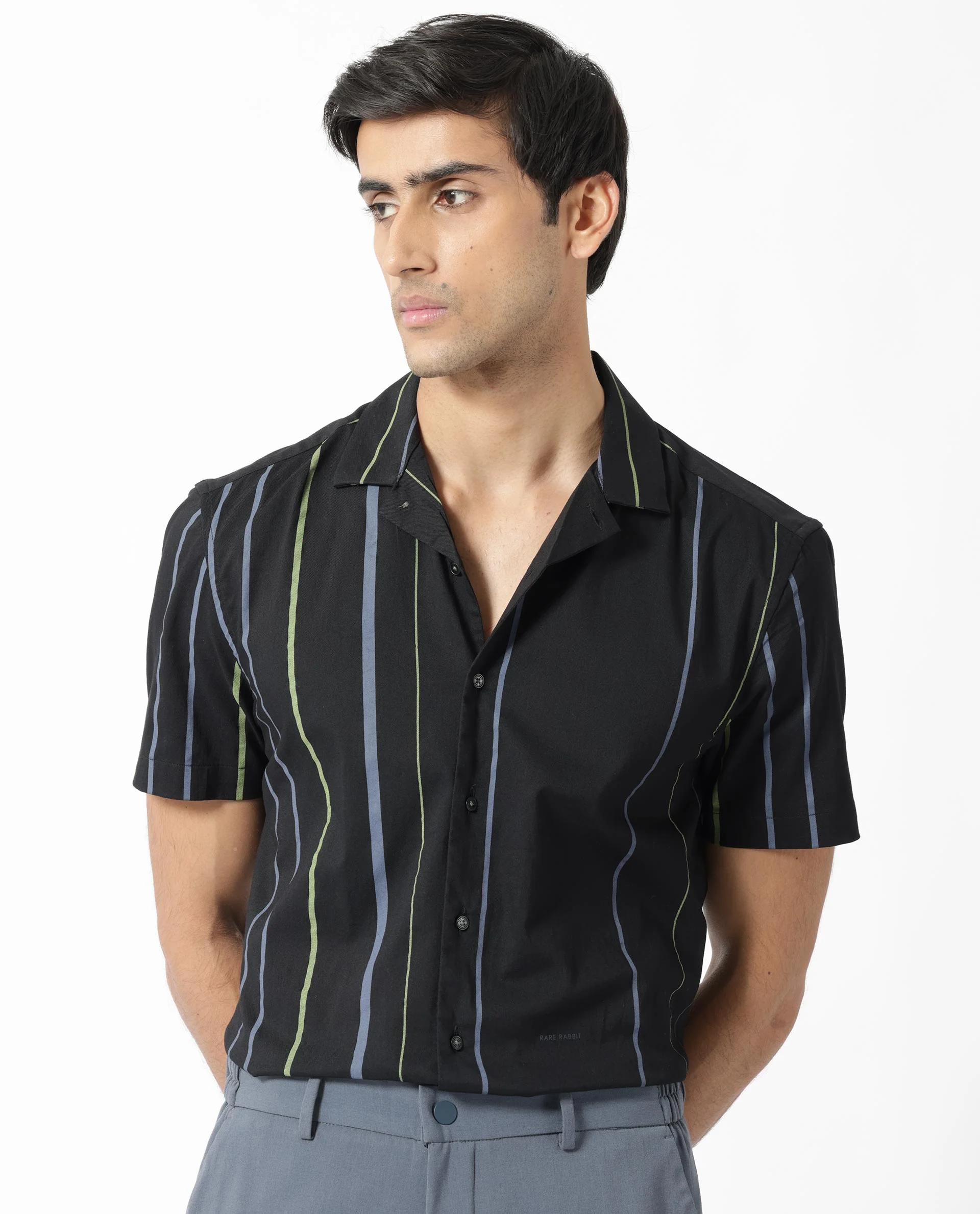 Rare Rabbit Men's Morlac Black Cotton Striped Print Regular Fit Half Sleeve Cuban Collar Shirt
