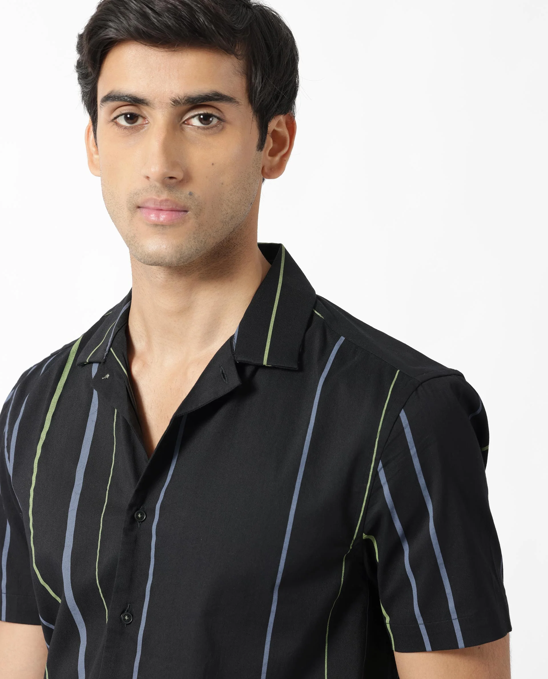 Rare Rabbit Men's Morlac Black Cotton Striped Print Regular Fit Half Sleeve Cuban Collar Shirt - Image 2