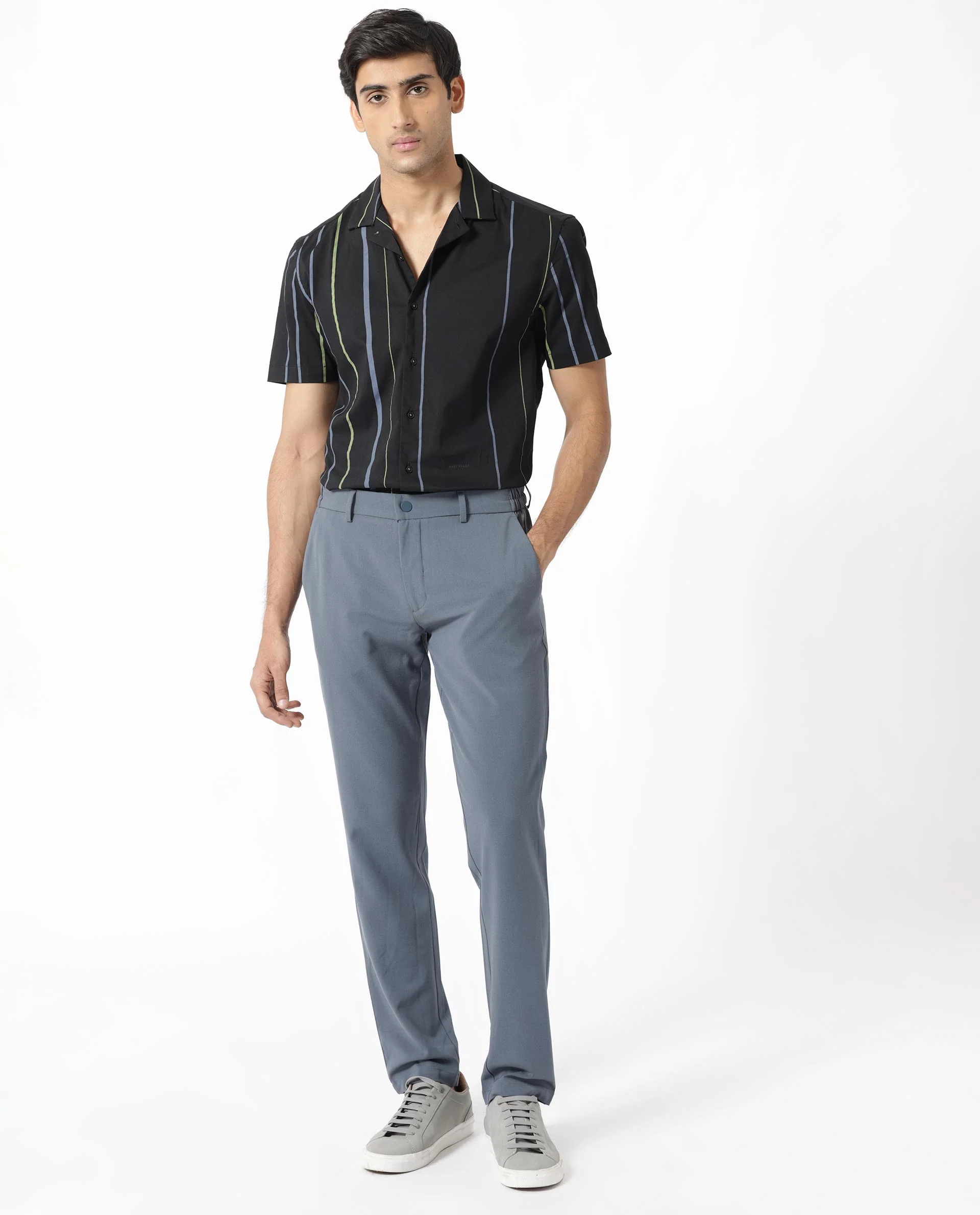 Rare Rabbit Men's Morlac Black Cotton Striped Print Regular Fit Half Sleeve Cuban Collar Shirt - Image 3
