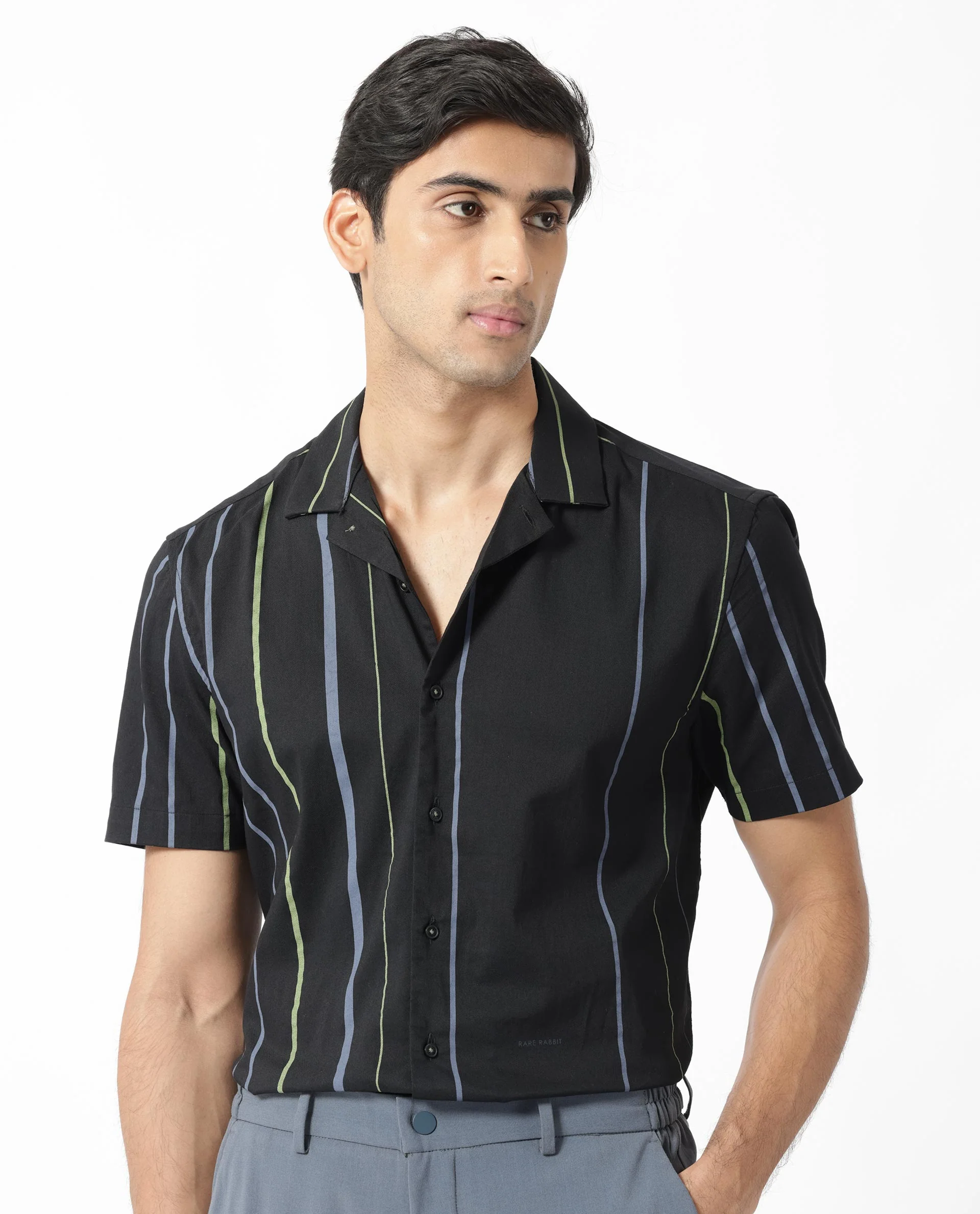 Rare Rabbit Men's Morlac Black Cotton Striped Print Regular Fit Half Sleeve Cuban Collar Shirt - Image 4