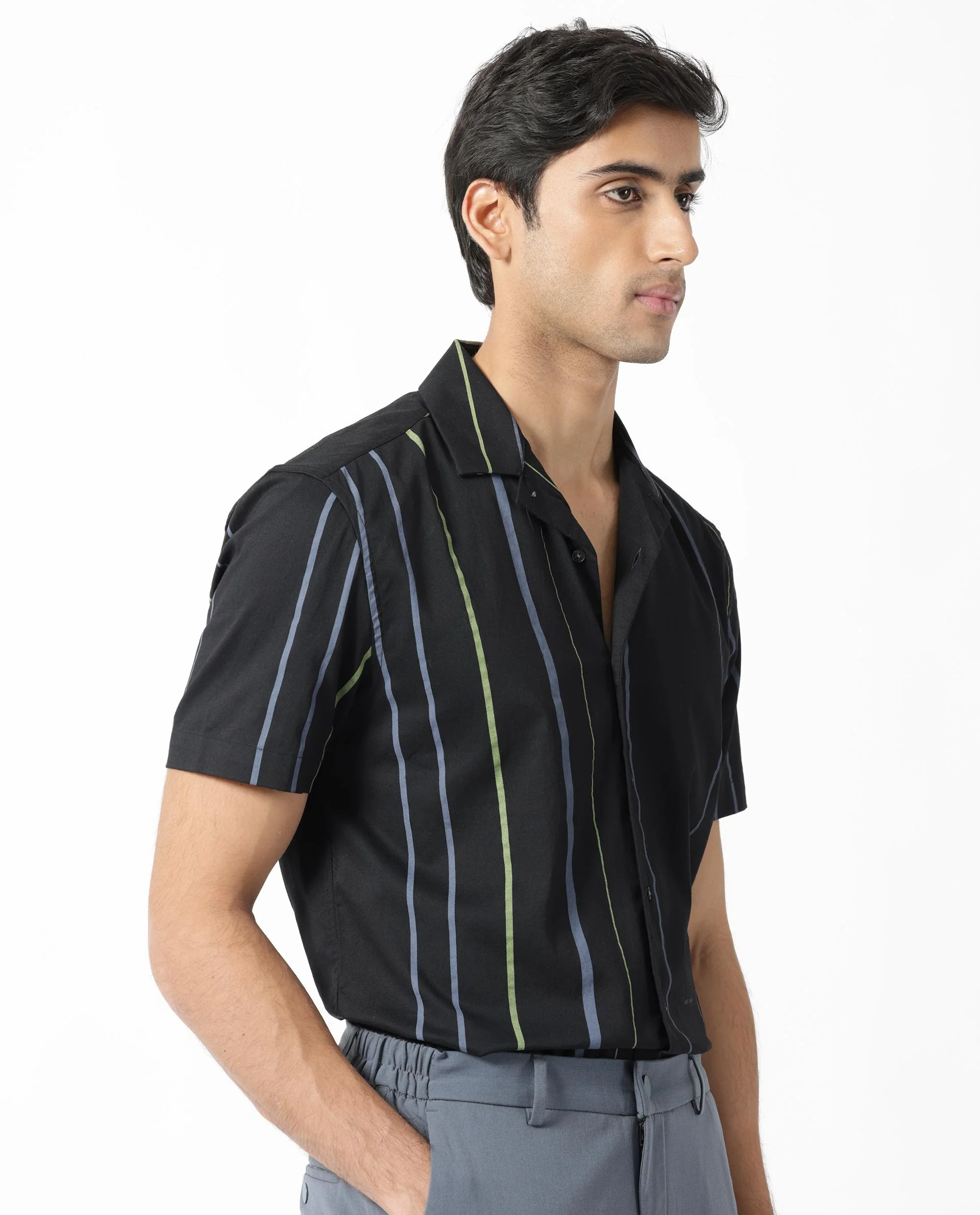 Rare Rabbit Men's Morlac Black Cotton Striped Print Regular Fit Half Sleeve Cuban Collar Shirt - Image 5