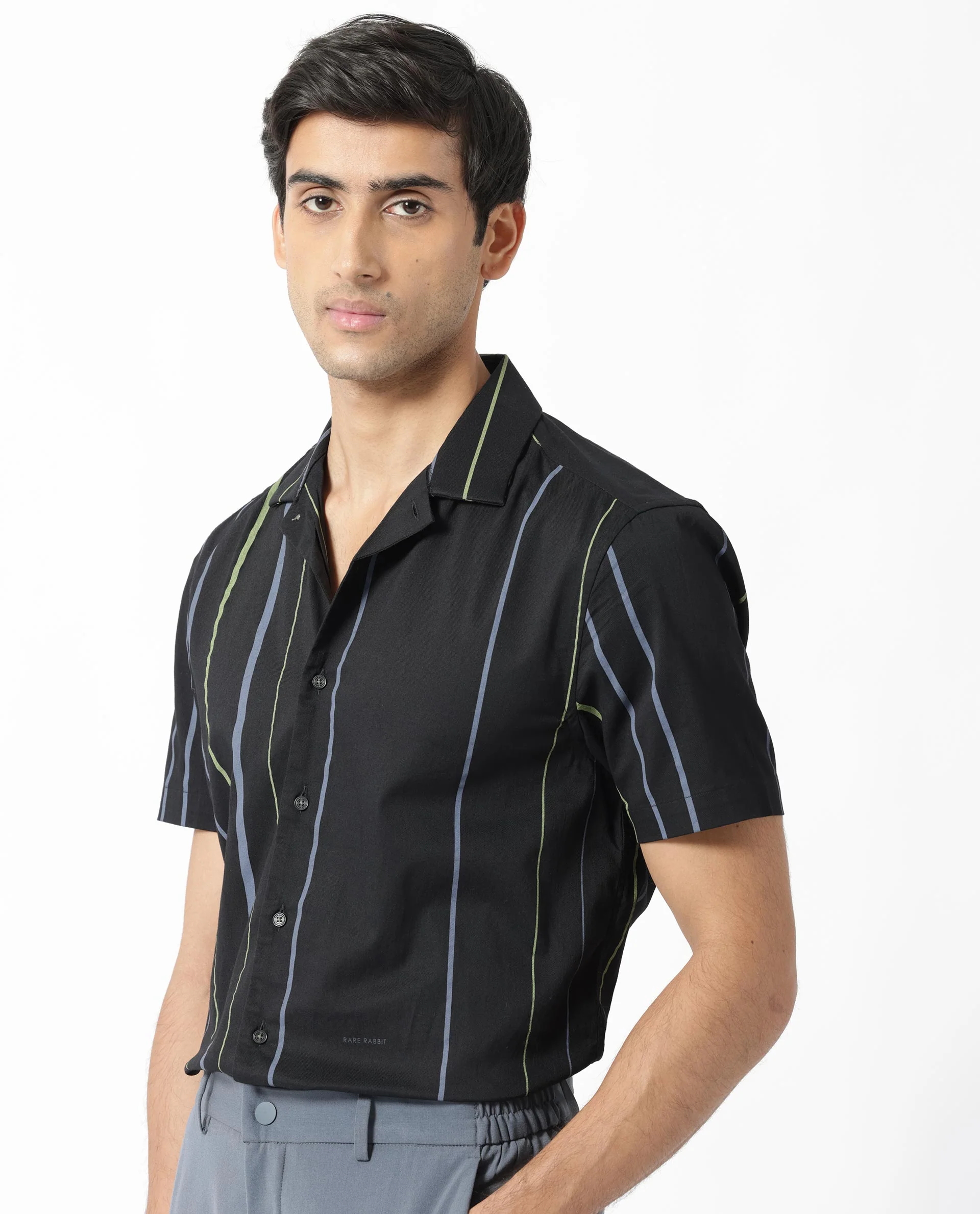 Rare Rabbit Men's Morlac Black Cotton Striped Print Regular Fit Half Sleeve Cuban Collar Shirt - Image 6