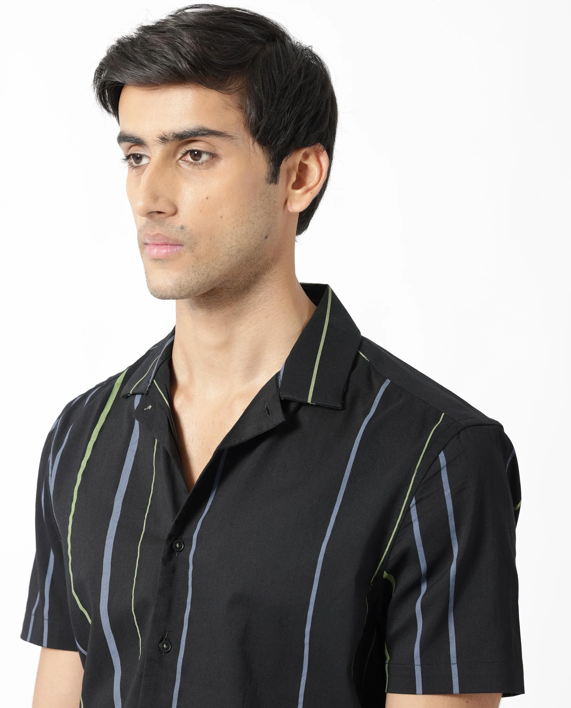 Rare Rabbit Men's Morlac Black Cotton Striped Print Regular Fit Half Sleeve Cuban Collar Shirt - Image 7