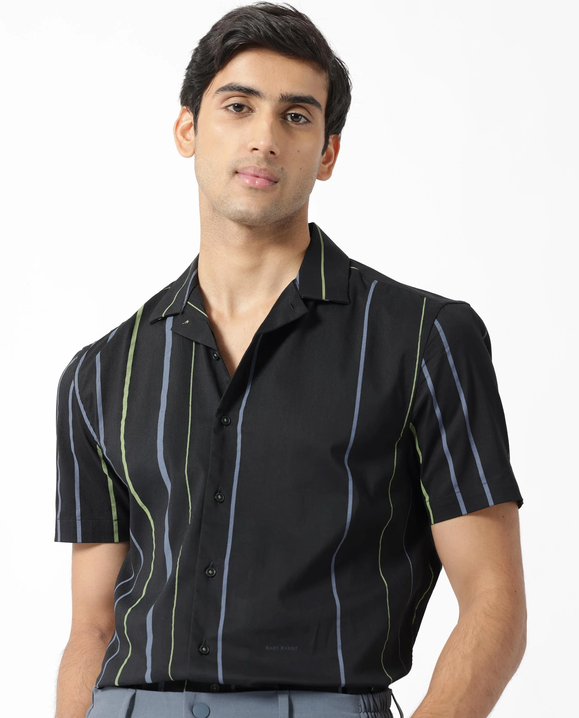 Rare Rabbit Men's Morlac Black Cotton Striped Print Regular Fit Half Sleeve Cuban Collar Shirt - Image 8