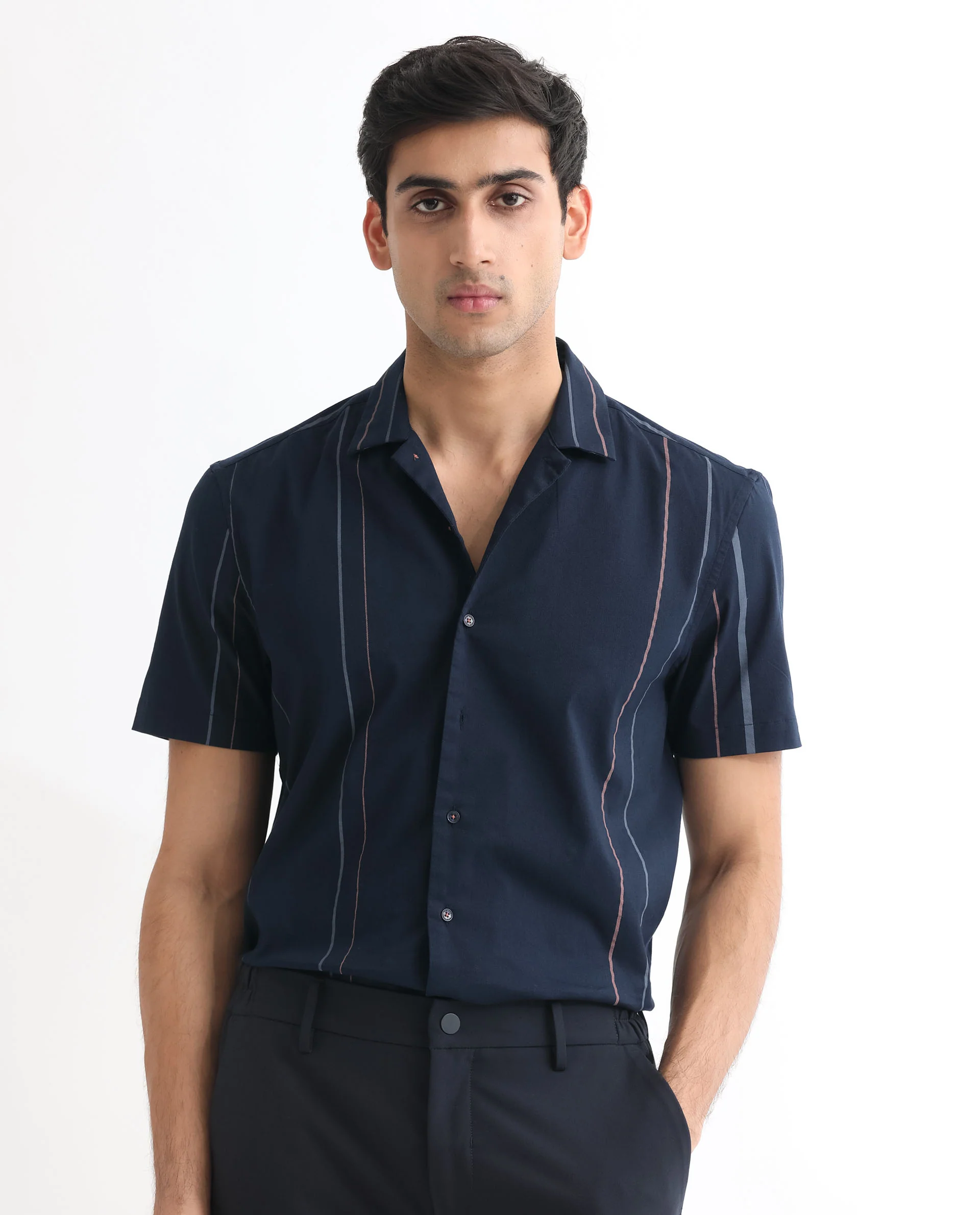 Rare Rabbit Men's Morlac Dark Navy Cotton Striped Print Regular Fit Half Sleeve Cuban Collar Shirt - Image 3