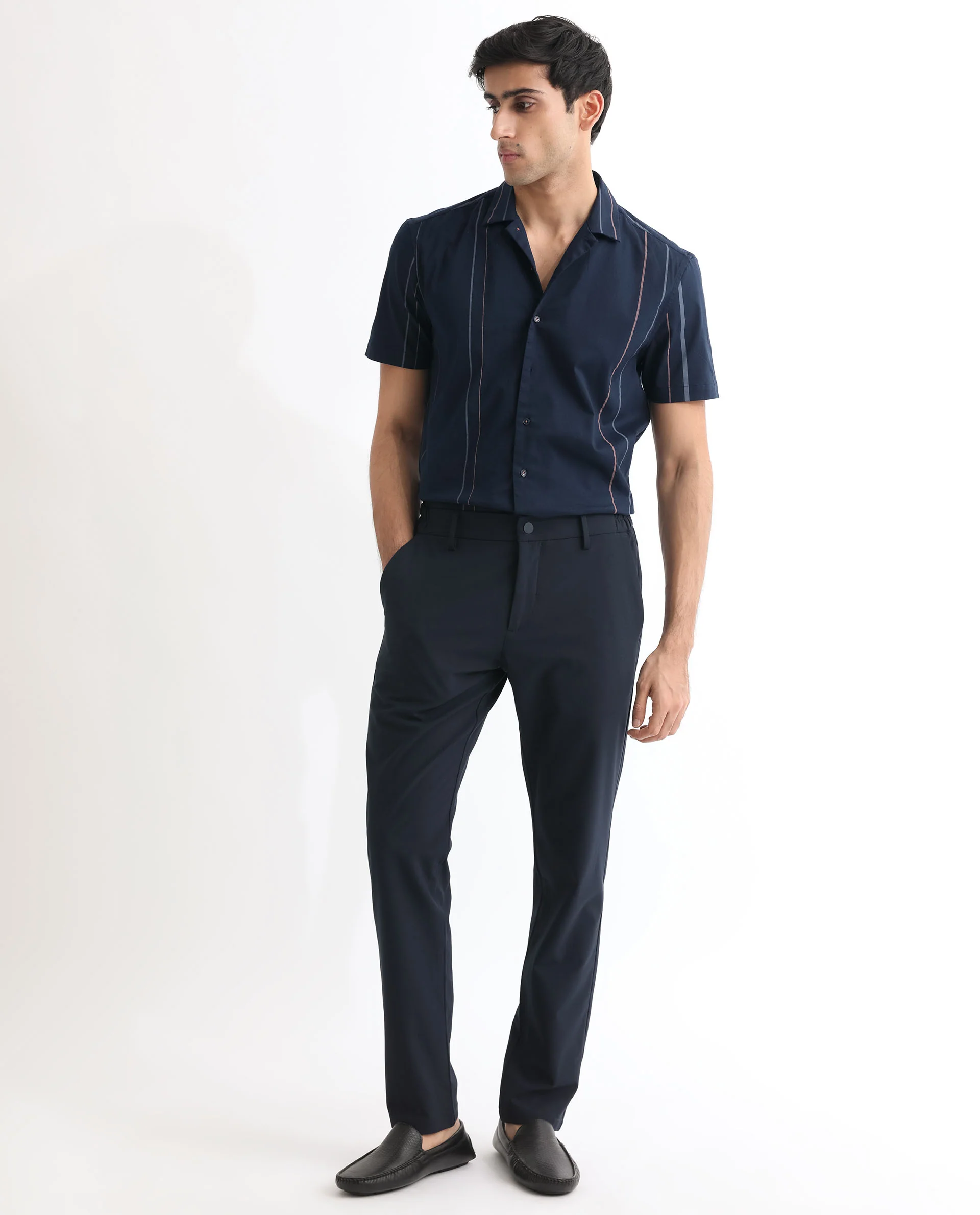 Rare Rabbit Men's Morlac Dark Navy Cotton Striped Print Regular Fit Half Sleeve Cuban Collar Shirt - Image 4
