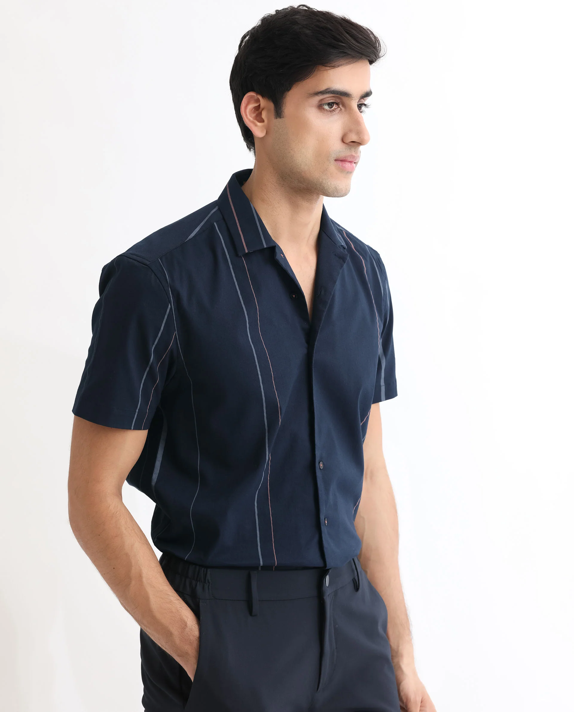 Rare Rabbit Men's Morlac Dark Navy Cotton Striped Print Regular Fit Half Sleeve Cuban Collar Shirt - Image 5