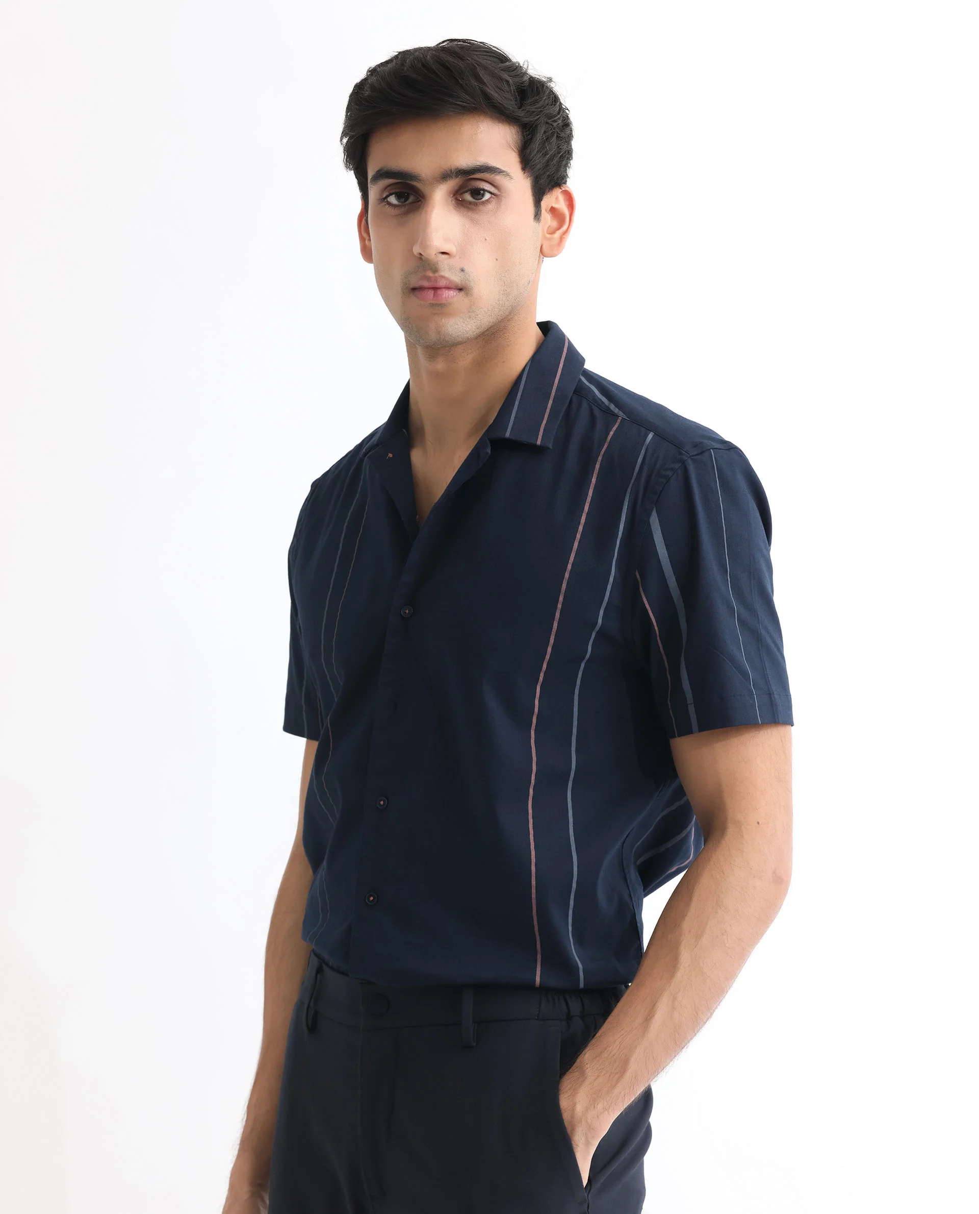 Rare Rabbit Men's Morlac Dark Navy Cotton Striped Print Regular Fit Half Sleeve Cuban Collar Shirt - Image 6