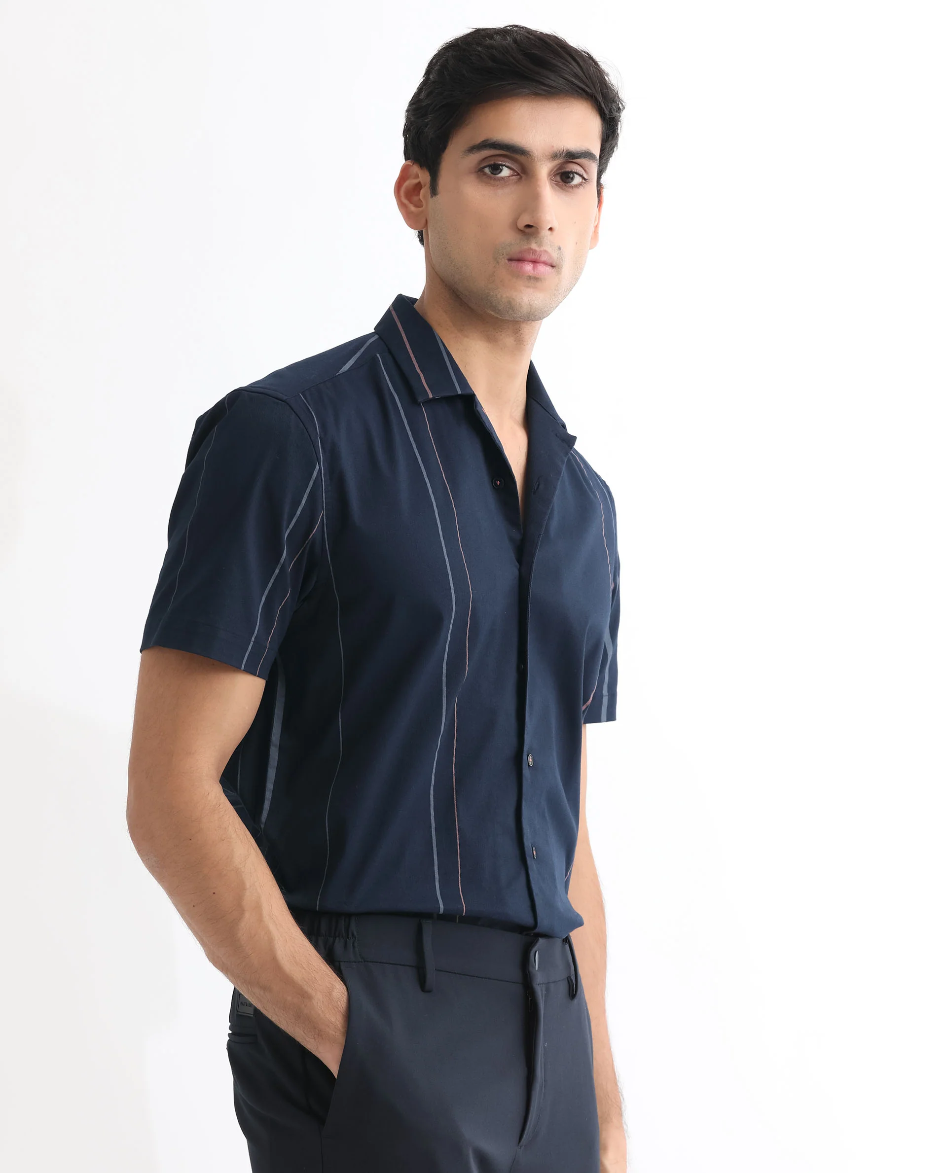 Rare Rabbit Men's Morlac Dark Navy Cotton Striped Print Regular Fit Half Sleeve Cuban Collar Shirt - Image 7