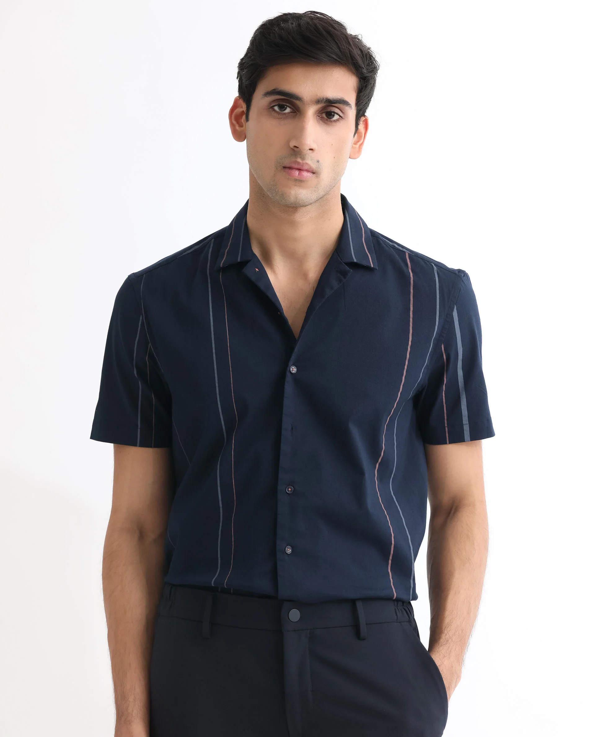 Rare Rabbit Men's Morlac Dark Navy Cotton Striped Print Regular Fit Half Sleeve Cuban Collar Shirt - Image 8