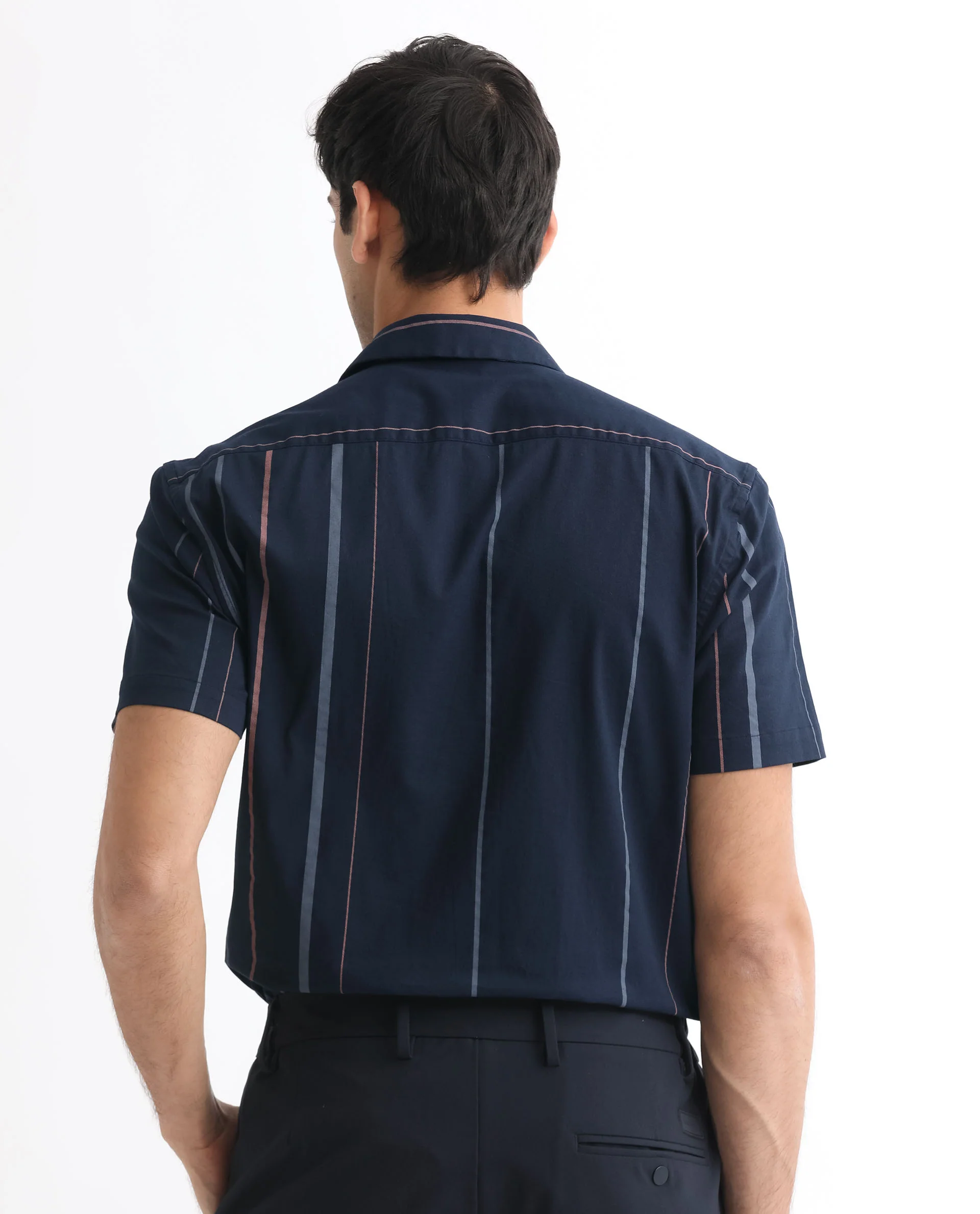 Rare Rabbit Men's Morlac Dark Navy Cotton Striped Print Regular Fit Half Sleeve Cuban Collar Shirt - Image 9