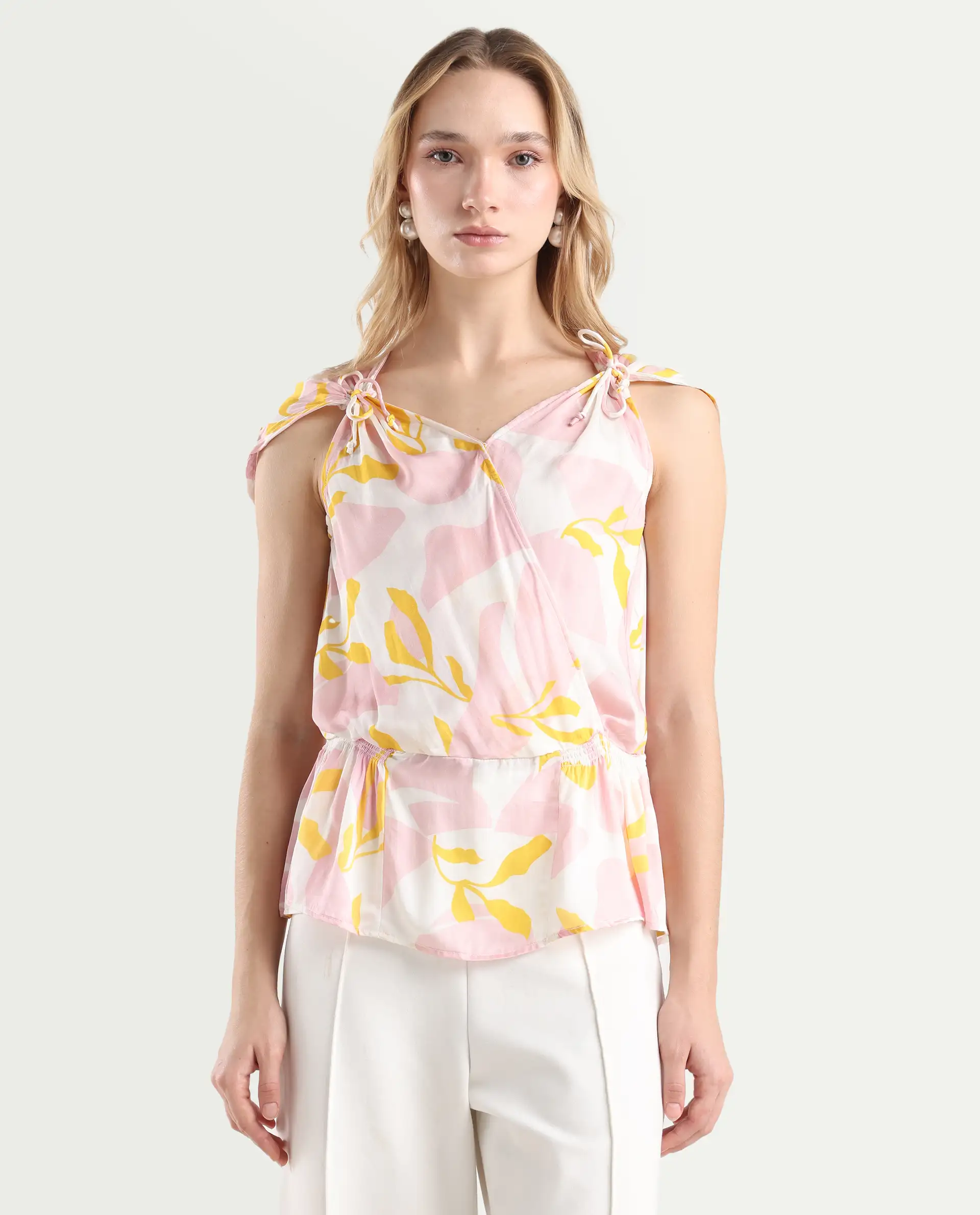 Rareism Women's Morning Pink V-Neck Abstract Print Sleeveless Knee Length Regular Fit Top - Image 3