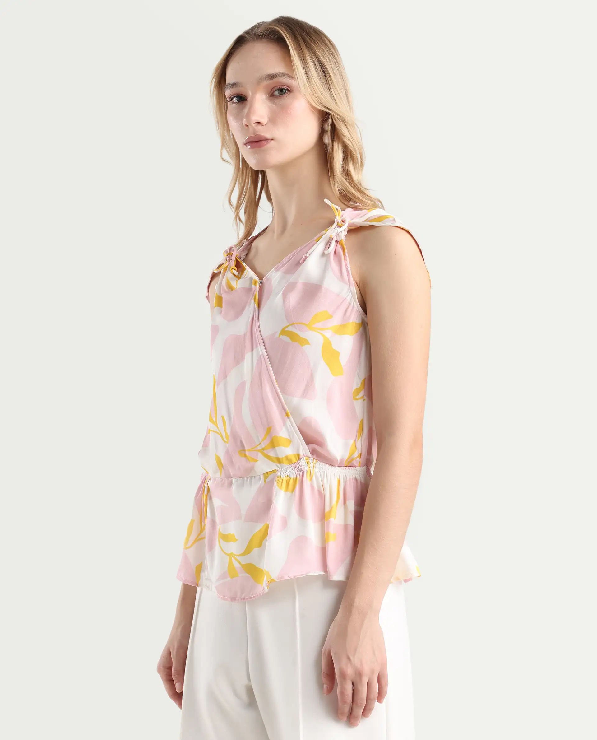 Rareism Women's Morning Pink V-Neck Abstract Print Sleeveless Knee Length Regular Fit Top - Image 5
