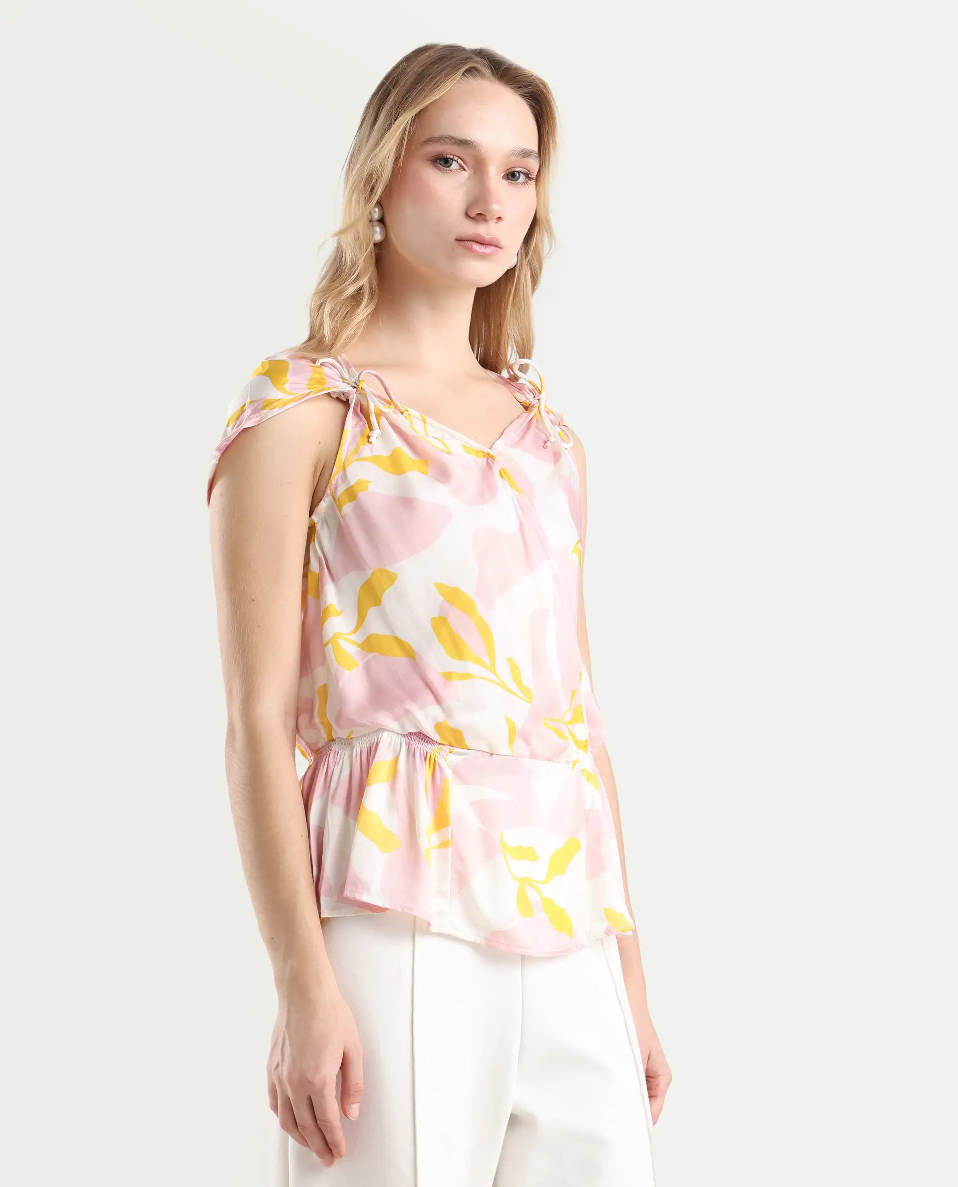 Rareism Women's Morning Pink V-Neck Abstract Print Sleeveless Knee Length Regular Fit Top - Image 6