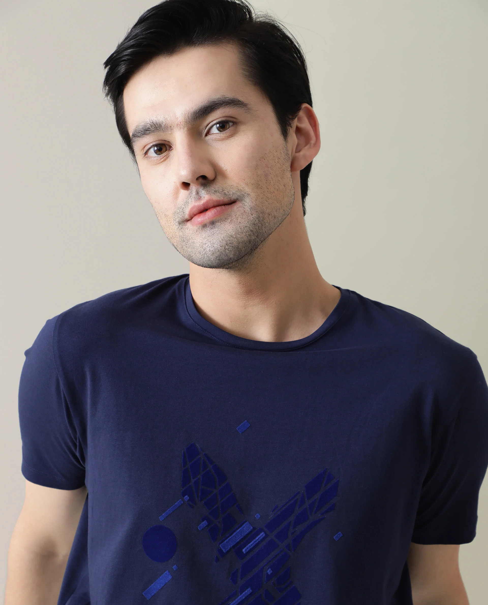 Rare Rabbit Men's Morph Navy Cotton Graphic Print Slim Fit Half Sleeve Crew Neck T-Shirt