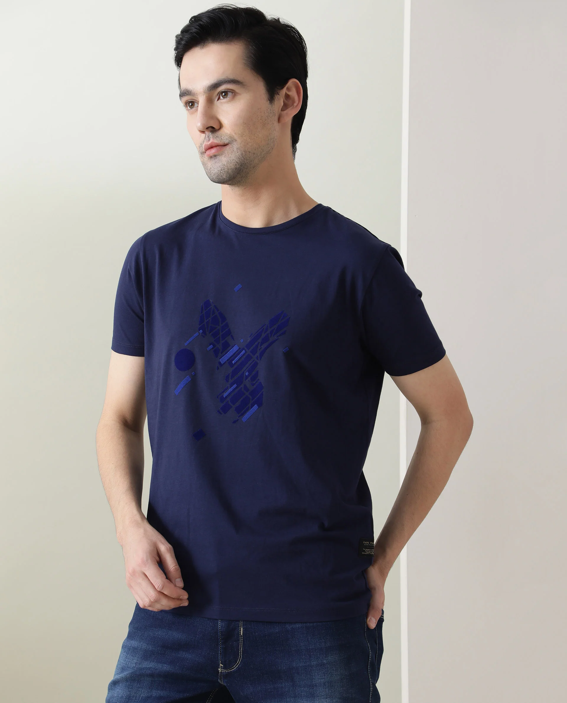Rare Rabbit Men's Morph Navy Cotton Graphic Print Slim Fit Half Sleeve Crew Neck T-Shirt - Image 2