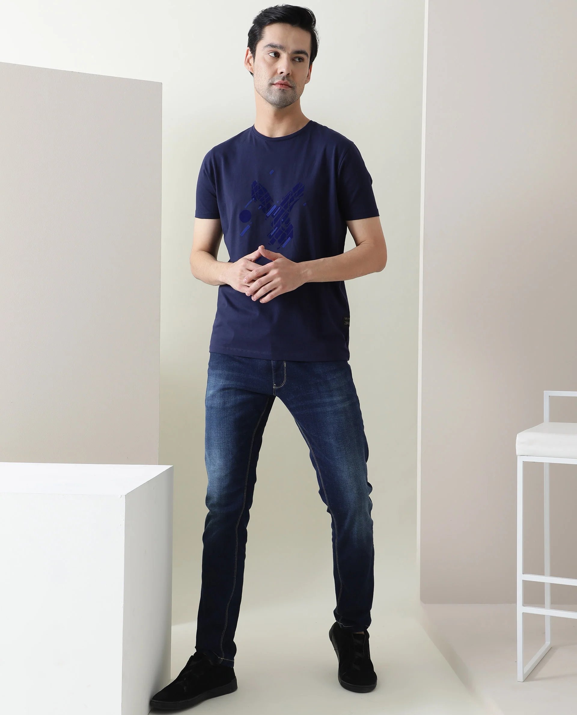 Rare Rabbit Men's Morph Navy Cotton Graphic Print Slim Fit Half Sleeve Crew Neck T-Shirt - Image 3
