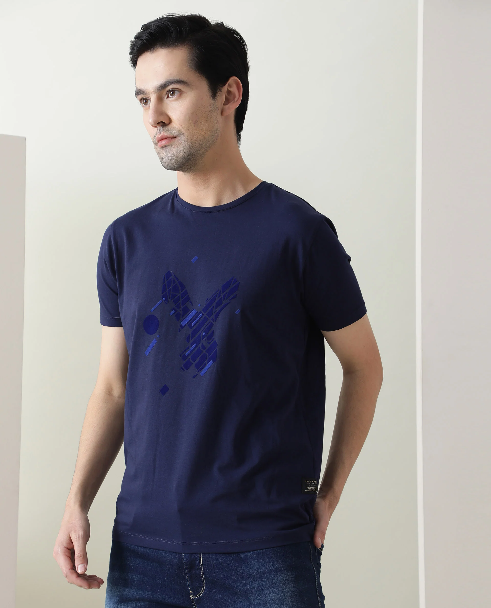Rare Rabbit Men's Morph Navy Cotton Graphic Print Slim Fit Half Sleeve Crew Neck T-Shirt - Image 4