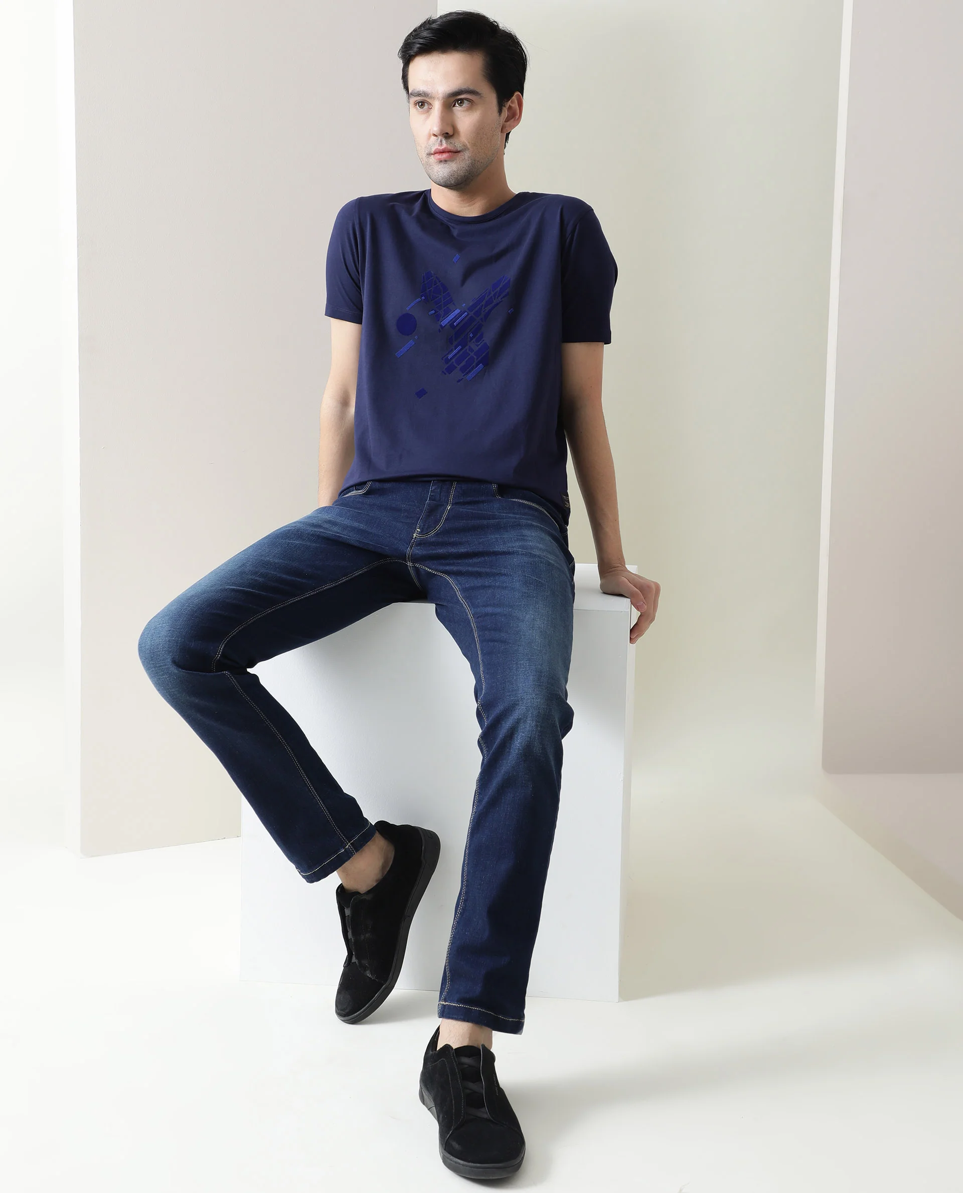 Rare Rabbit Men's Morph Navy Cotton Graphic Print Slim Fit Half Sleeve Crew Neck T-Shirt - Image 6