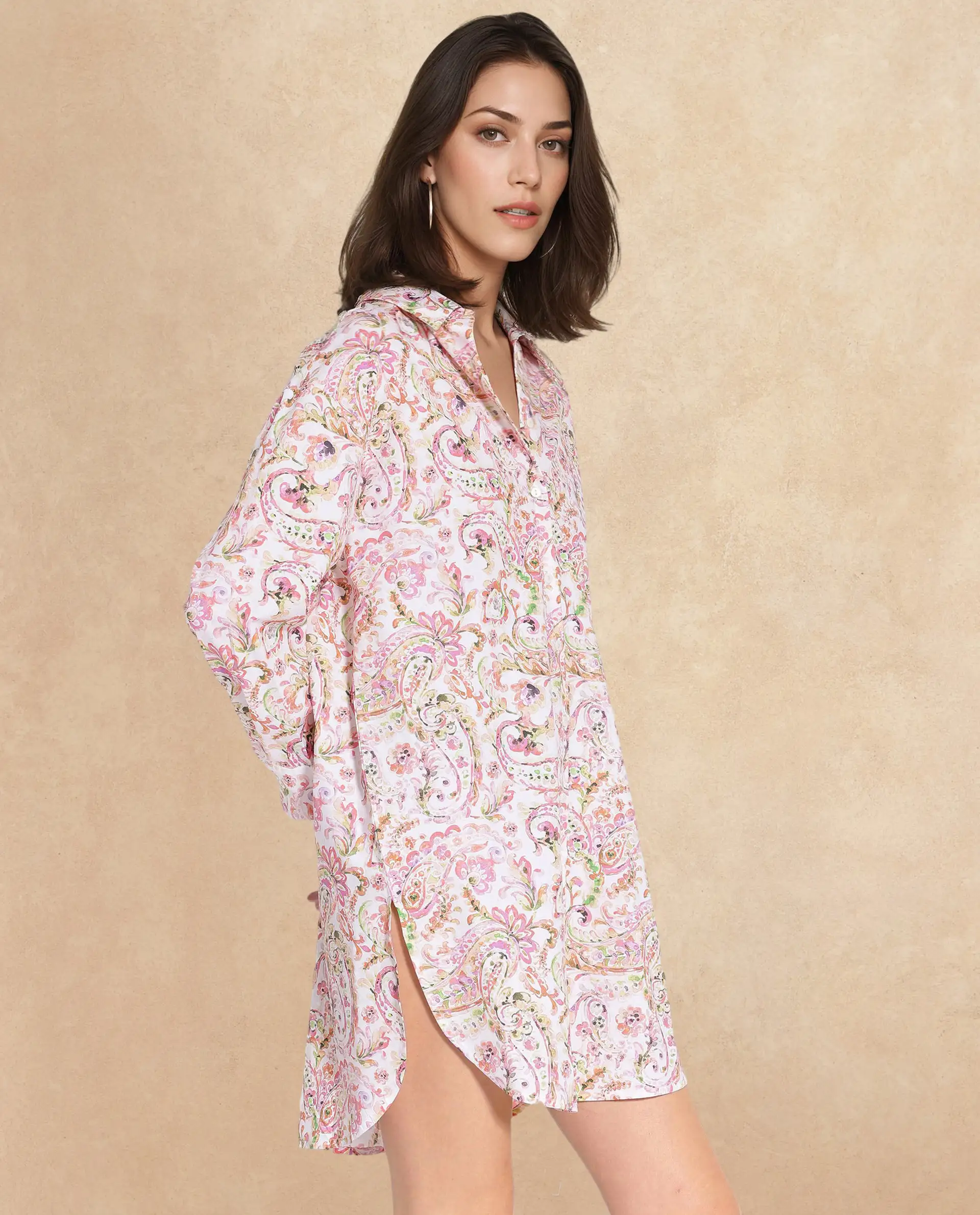 Rareism Women's Morr Light Multi Cotton Drop Collar Paisley Print Cuffed Sleeve Mini Relaxed Fit Dress - Image 3