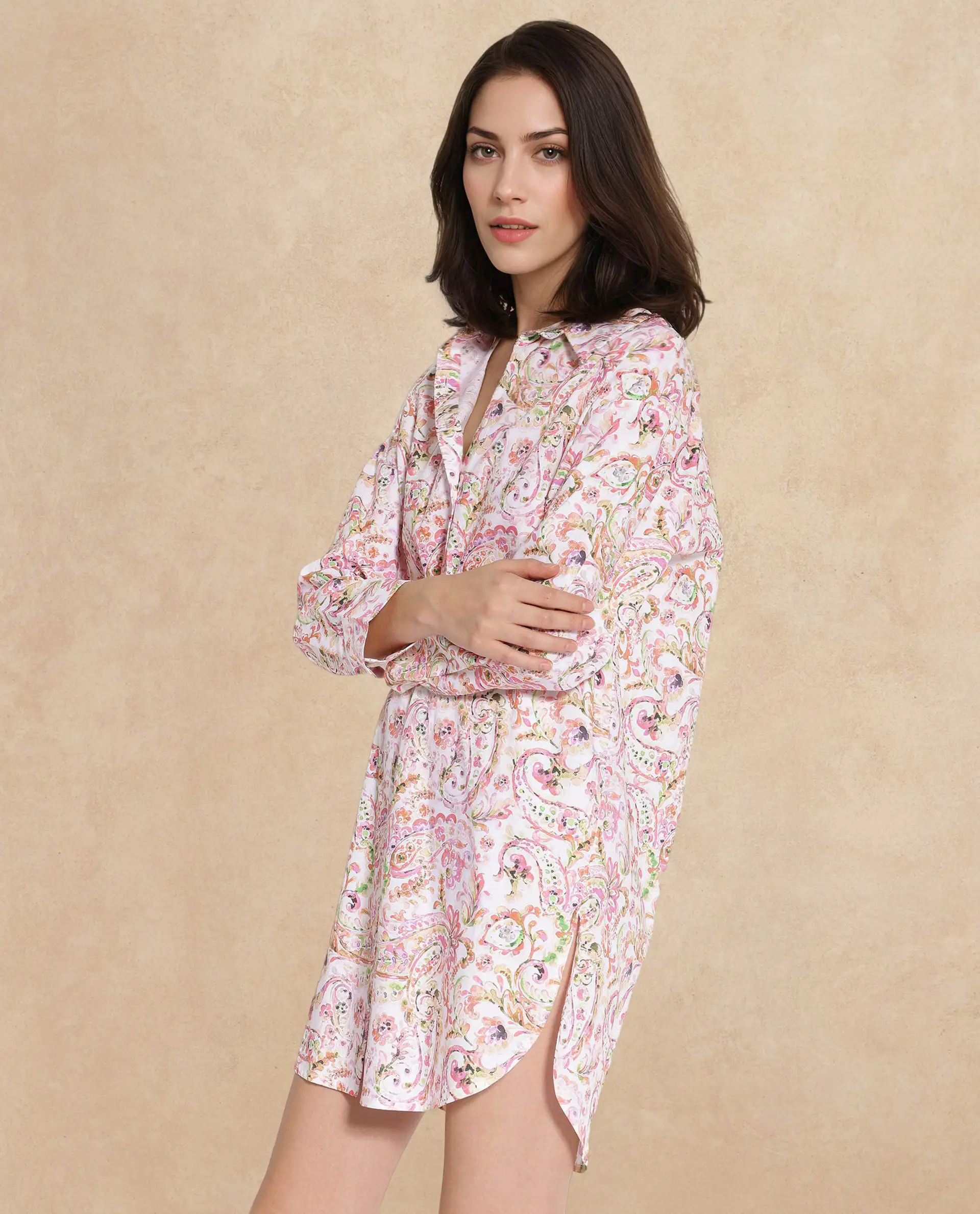 Rareism Women's Morr Light Multi Cotton Drop Collar Paisley Print Cuffed Sleeve Mini Relaxed Fit Dress - Image 4