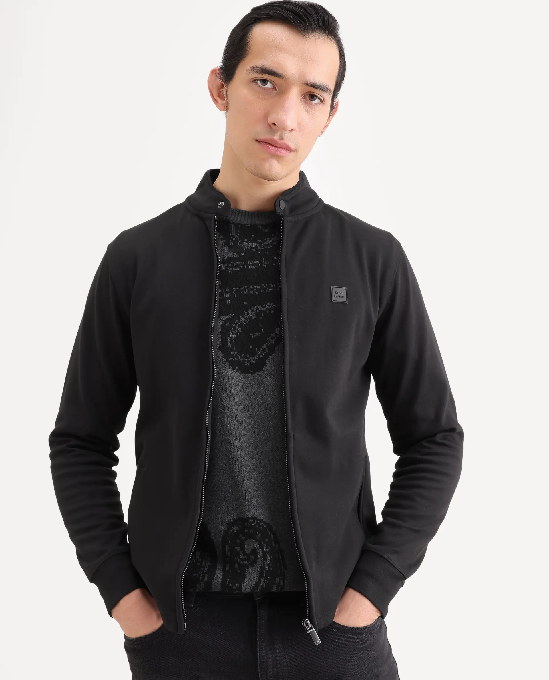 Rare Rabbit Men's Morris-25 Black Cotton Blend Plain Regular Fit Full Sleeve Mandarin Collar Jacket