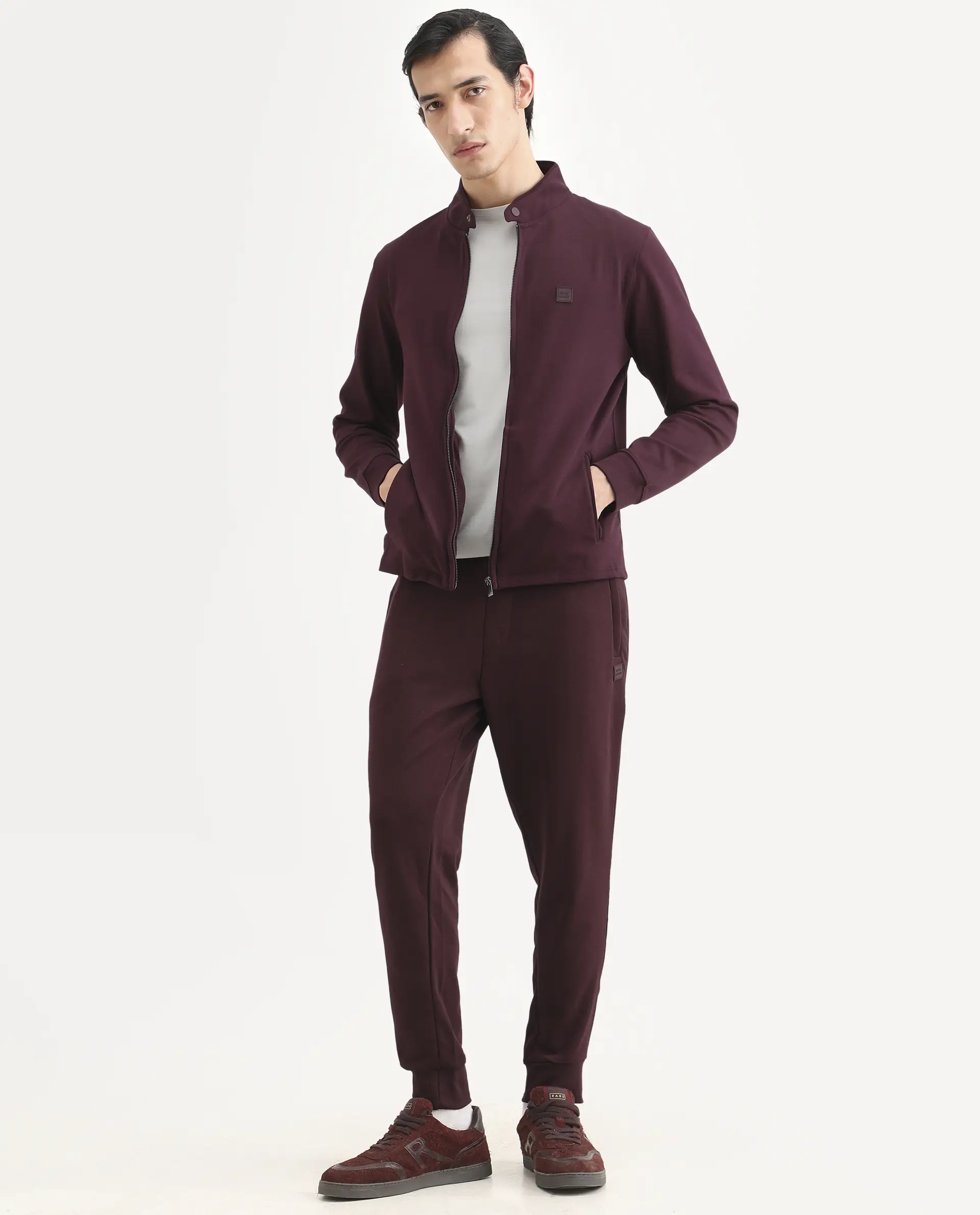 Rare Rabbit Men's Morris-25 Dark Maroon Cotton Blend Plain Regular Fit Full Sleeve Mandarin Collar Jacket - Image 2