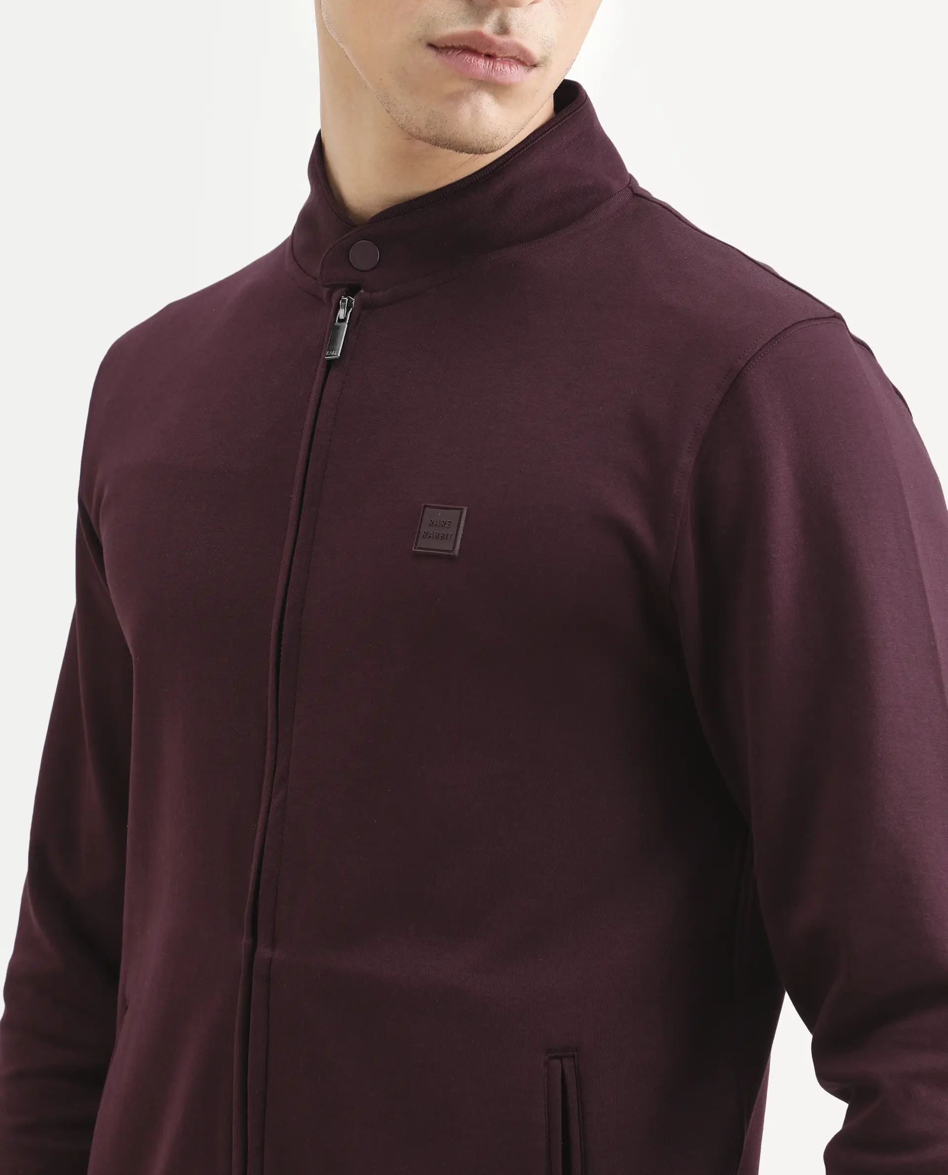 Rare Rabbit Men's Morris-25 Dark Maroon Cotton Blend Plain Regular Fit Full Sleeve Mandarin Collar Jacket - Image 3